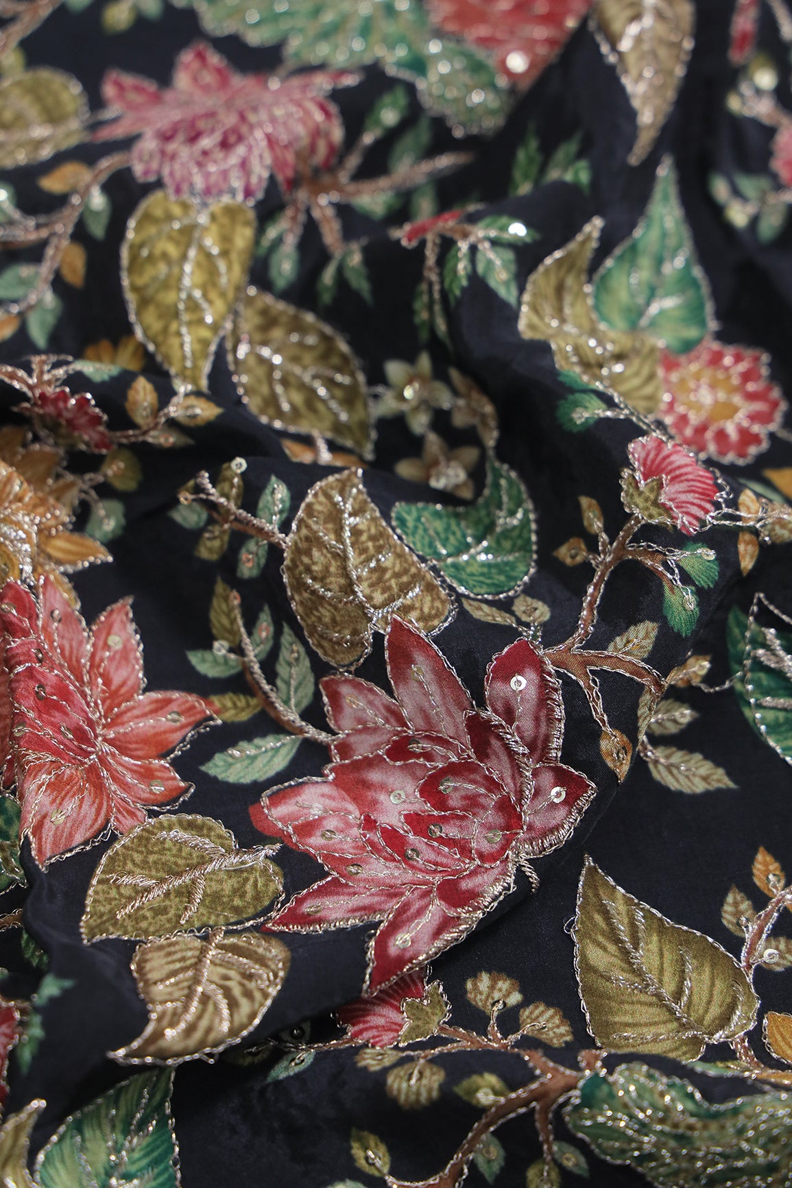0.90 Meter Cut Piece Of Floral Position Print On Sequins With Zari Embroidery On Black Pure Crepe Fabric