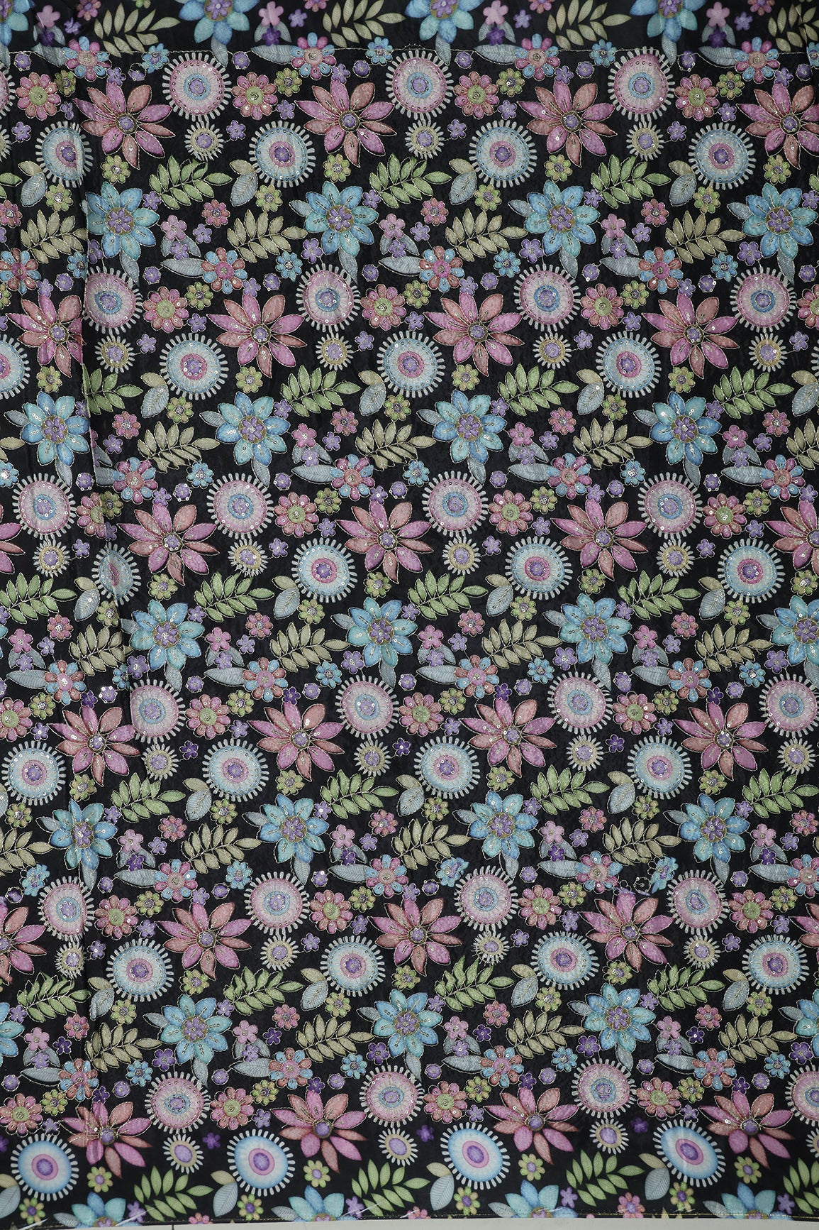 2.30 Meter Cut Piece Of Floral Position Print On Sequins With Zari Embroidery On Black Pure Crepe Fabric