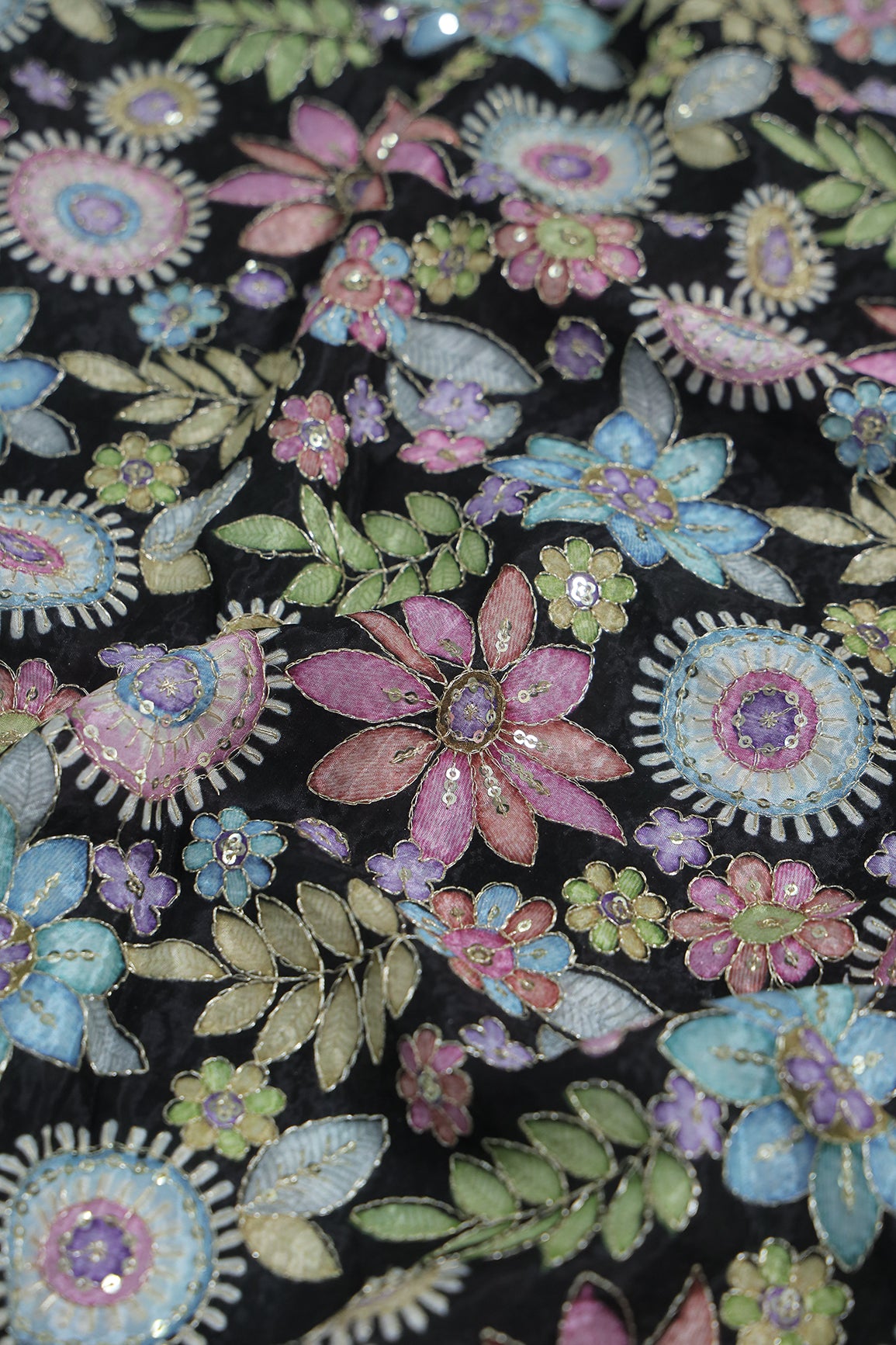 2.30 Meter Cut Piece Of Floral Position Print On Sequins With Zari Embroidery On Black Pure Crepe Fabric