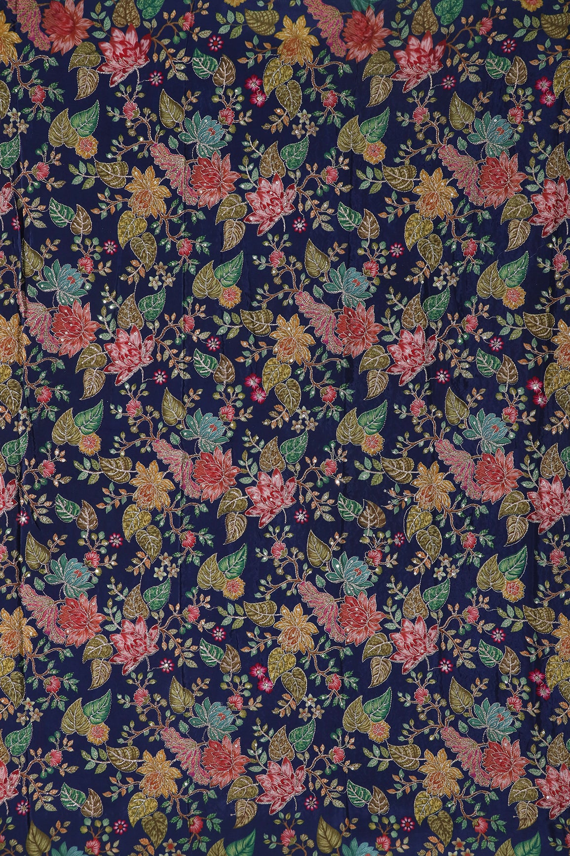 2.80 Meter Cut Piece Of Floral Position Print On Sequins With Zari Embroidery On Navy Blue Pure Crepe Fabric