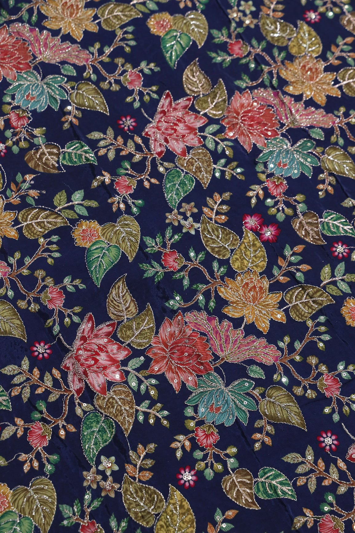 2.80 Meter Cut Piece Of Floral Position Print On Sequins With Zari Embroidery On Navy Blue Pure Crepe Fabric