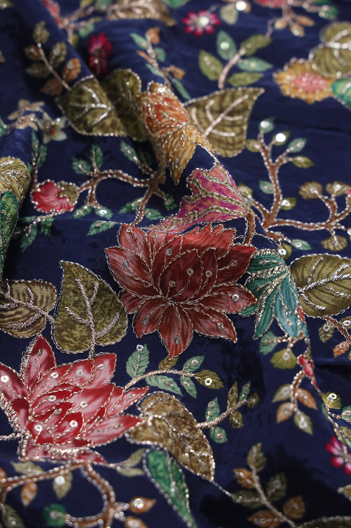 2.80 Meter Cut Piece Of Floral Position Print On Sequins With Zari Embroidery On Navy Blue Pure Crepe Fabric