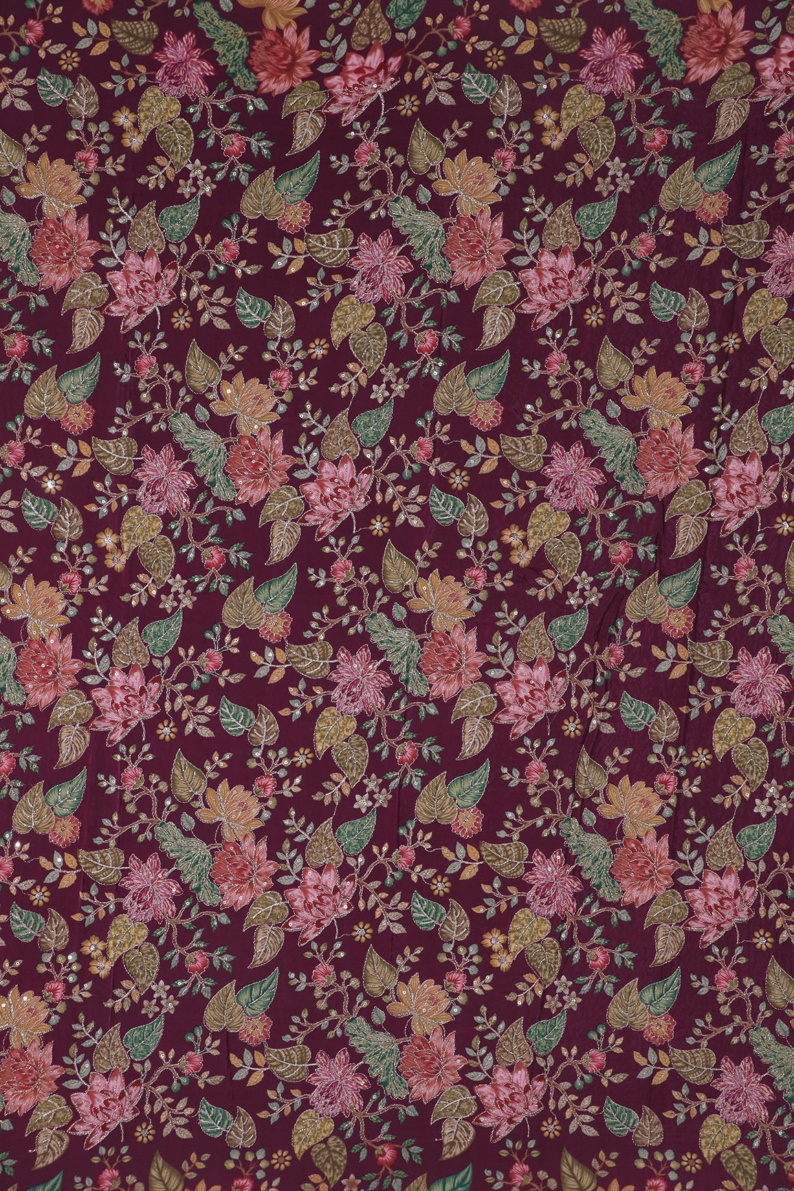 1 Meter Cut Piece Of Floral Position Print On Sequins With Zari Embroidery On Wine Pure Crepe Fabric