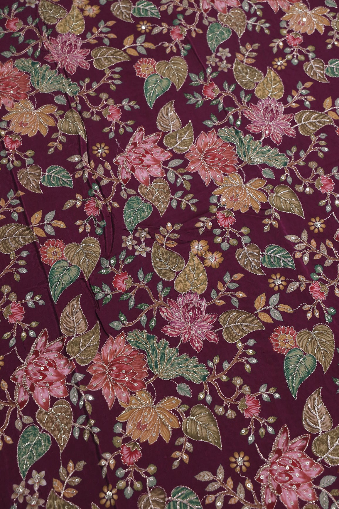 1 Meter Cut Piece Of Floral Position Print On Sequins With Zari Embroidery On Wine Pure Crepe Fabric