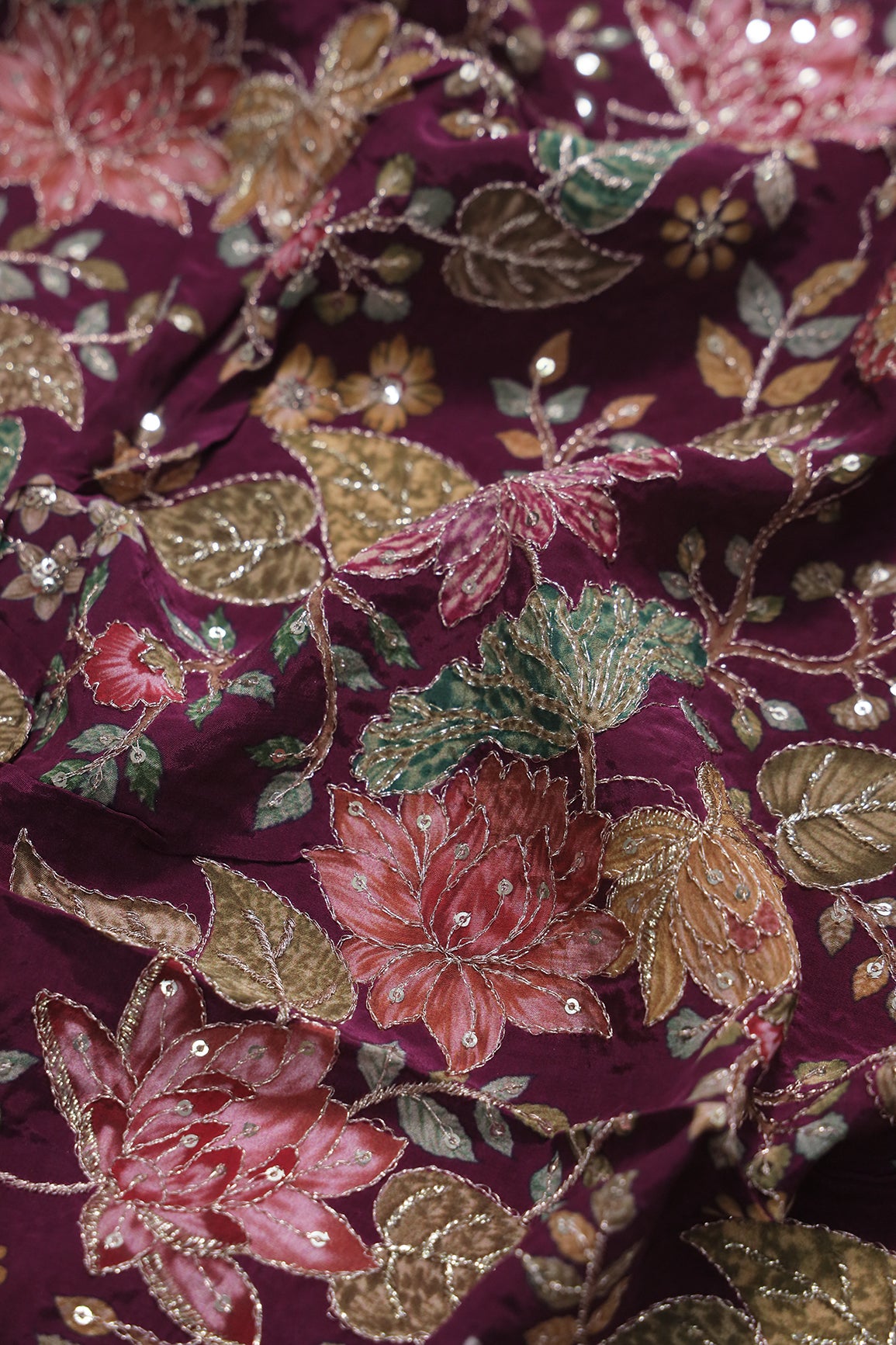 1 Meter Cut Piece Of Floral Position Print On Sequins With Zari Embroidery On Wine Pure Crepe Fabric