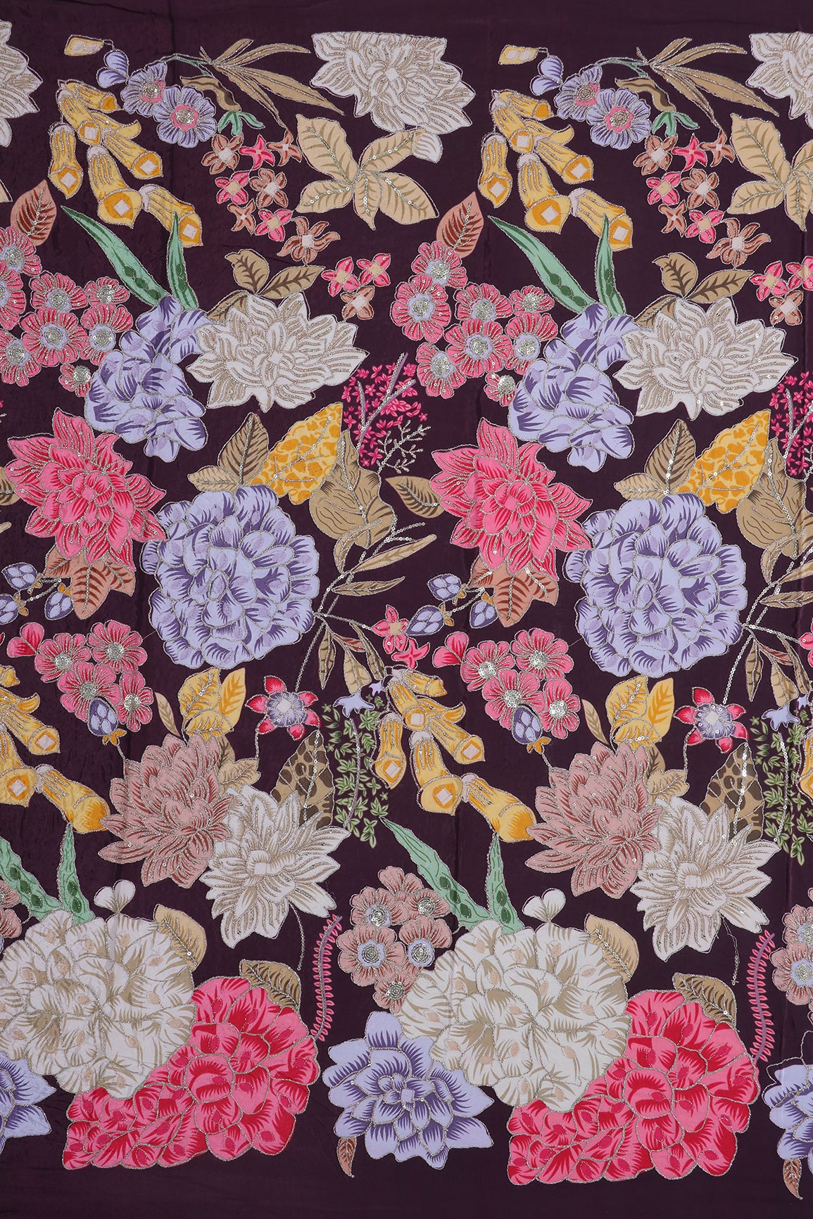 1 Meter Cut Piece Of Floral Position Print On Sequins With Zari Embroidery On Dark Purple Pure Crepe Fabric