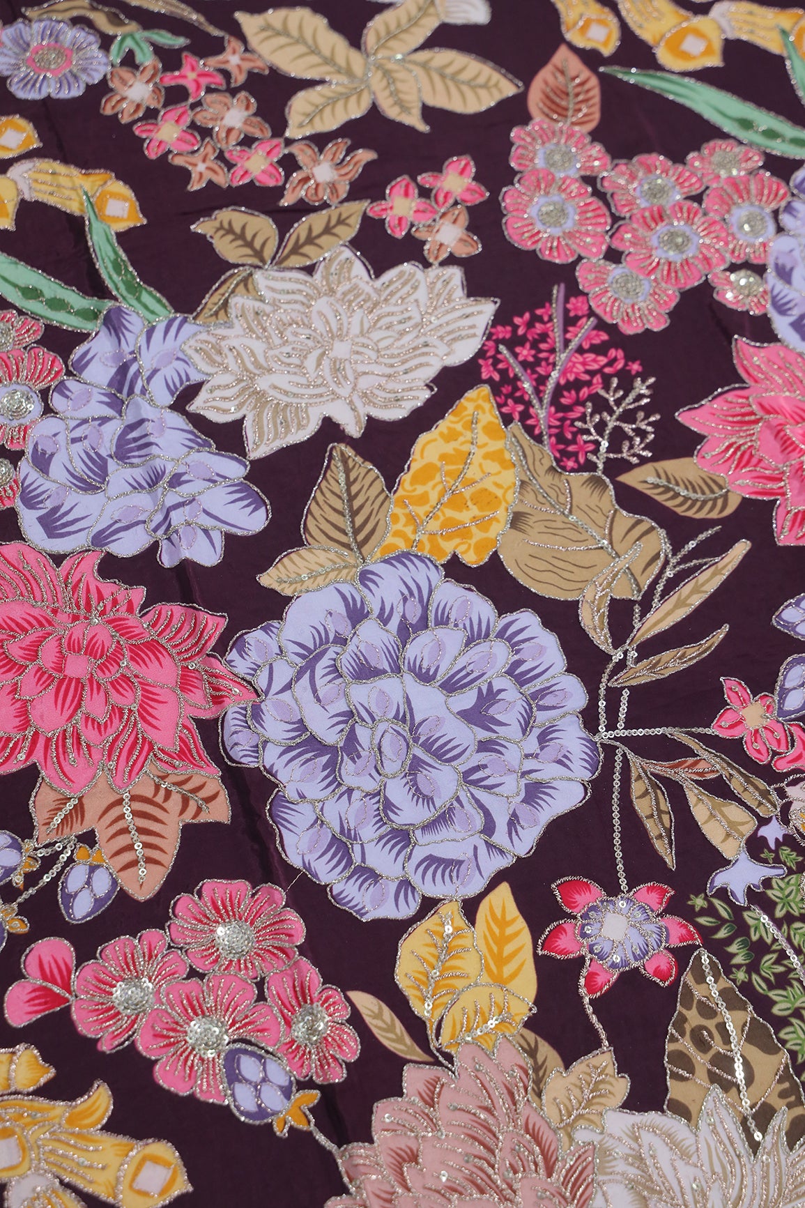 1 Meter Cut Piece Of Floral Position Print On Sequins With Zari Embroidery On Dark Purple Pure Crepe Fabric