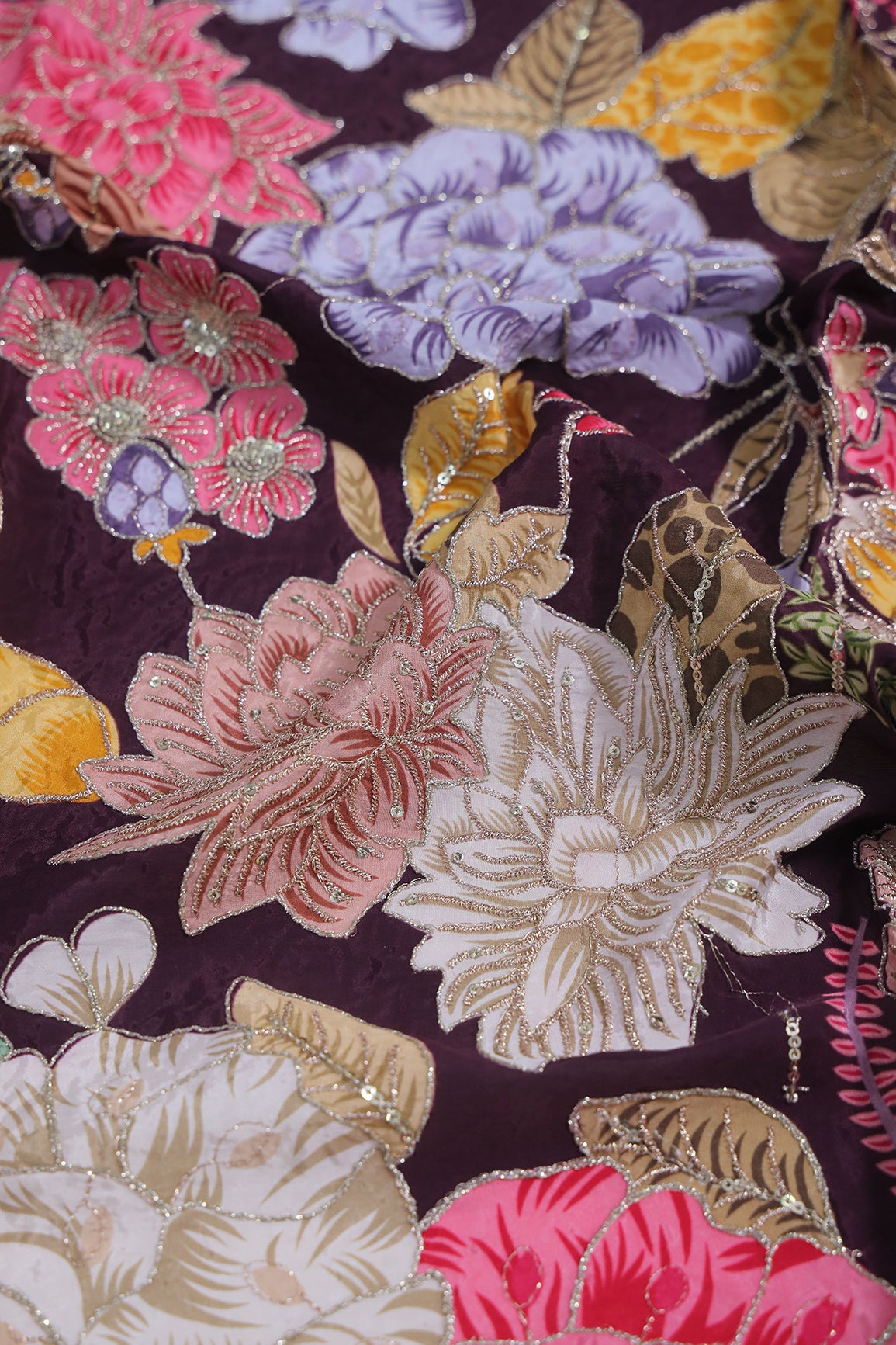 1 Meter Cut Piece Of Floral Position Print On Sequins With Zari Embroidery On Dark Purple Pure Crepe Fabric