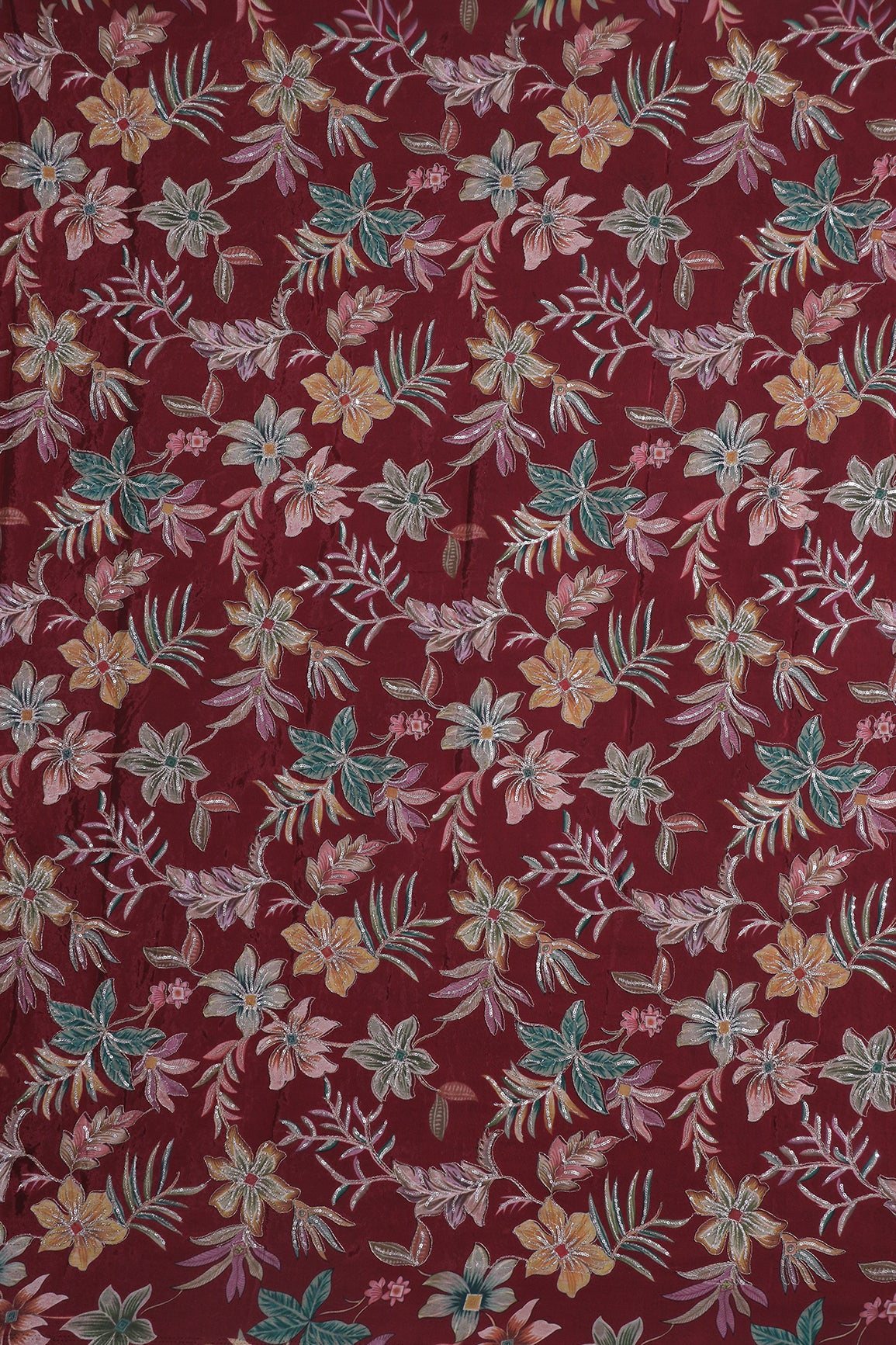 2 Meter Cut Piece Of Floral Position Print On Sequins With Zari Embroidery On Maroon Pure Crepe Fabric