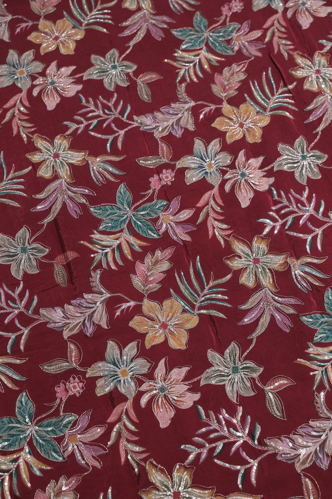 2 Meter Cut Piece Of Floral Position Print On Sequins With Zari Embroidery On Maroon Pure Crepe Fabric
