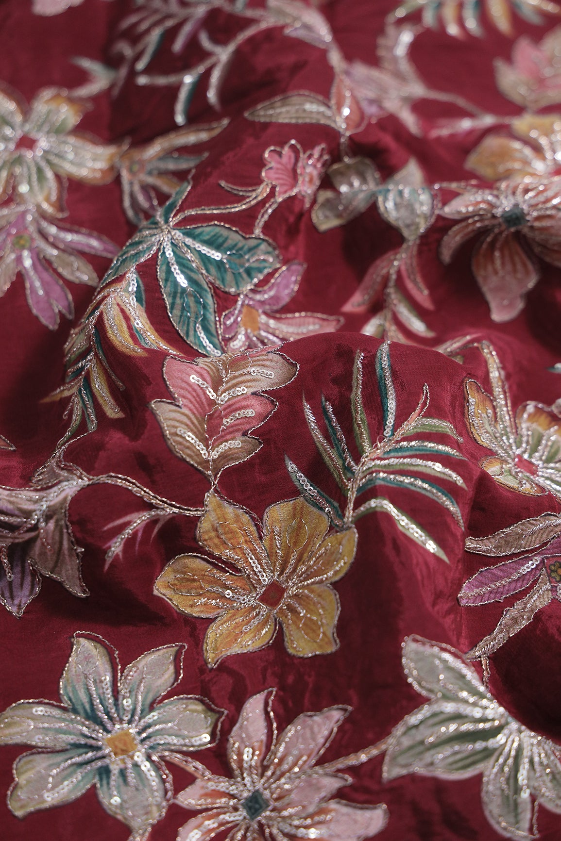2 Meter Cut Piece Of Floral Position Print On Sequins With Zari Embroidery On Maroon Pure Crepe Fabric