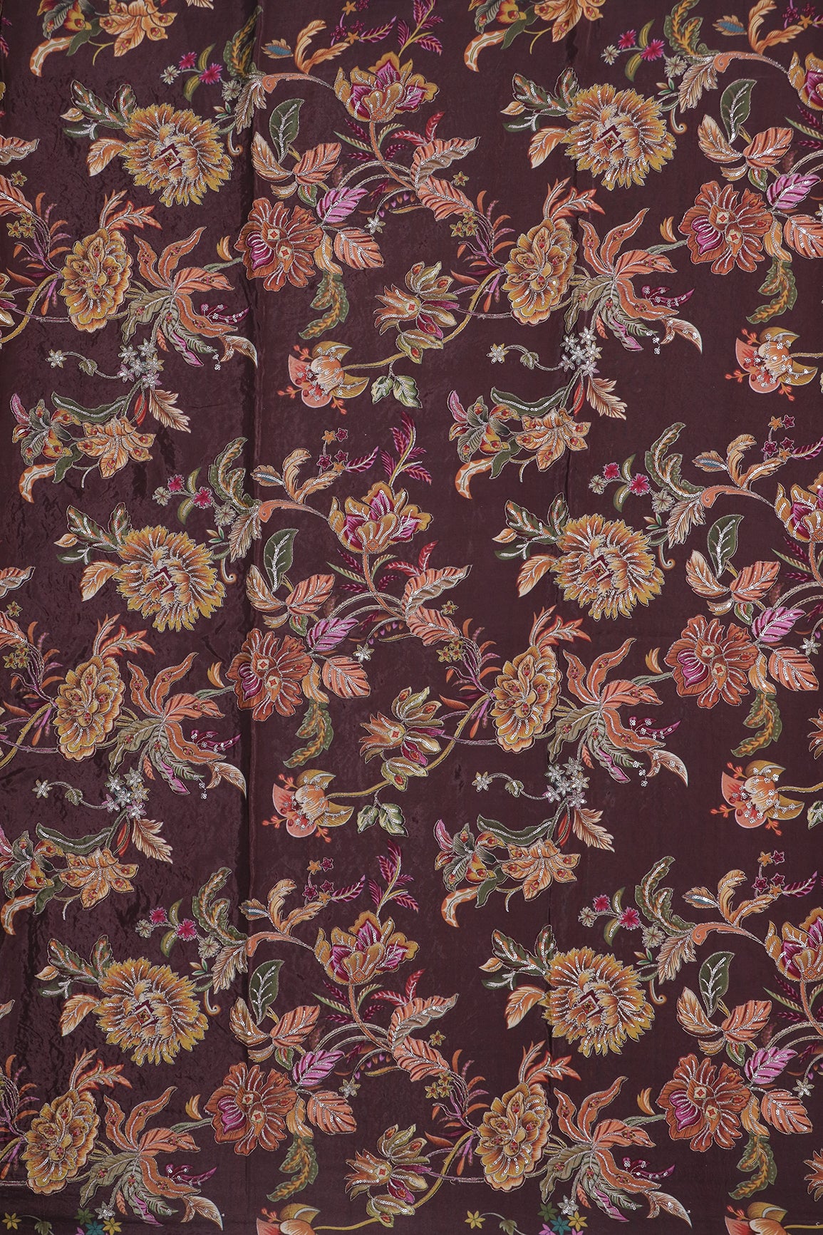 1 Meter Cut Piece Of Floral Position Print On Sequins With Zari Embroidery On Brown Pure Crepe Fabric