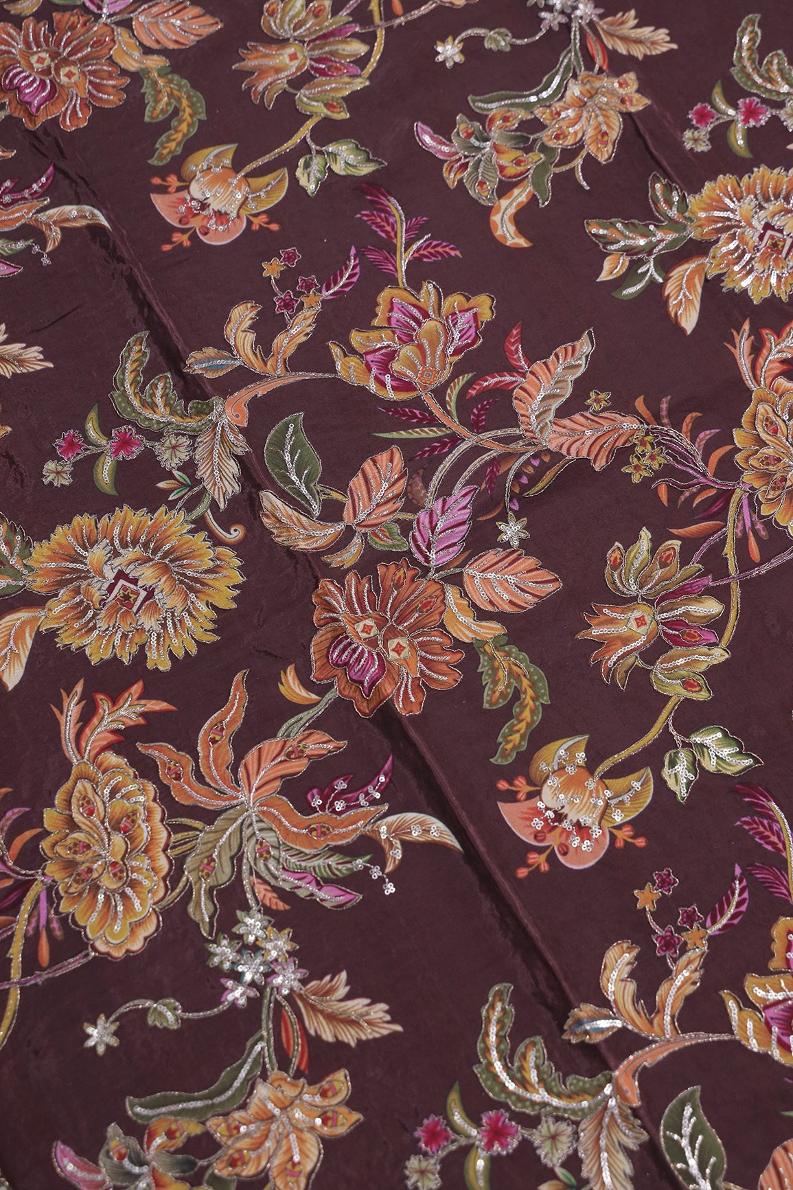 1 Meter Cut Piece Of Floral Position Print On Sequins With Zari Embroidery On Brown Pure Crepe Fabric