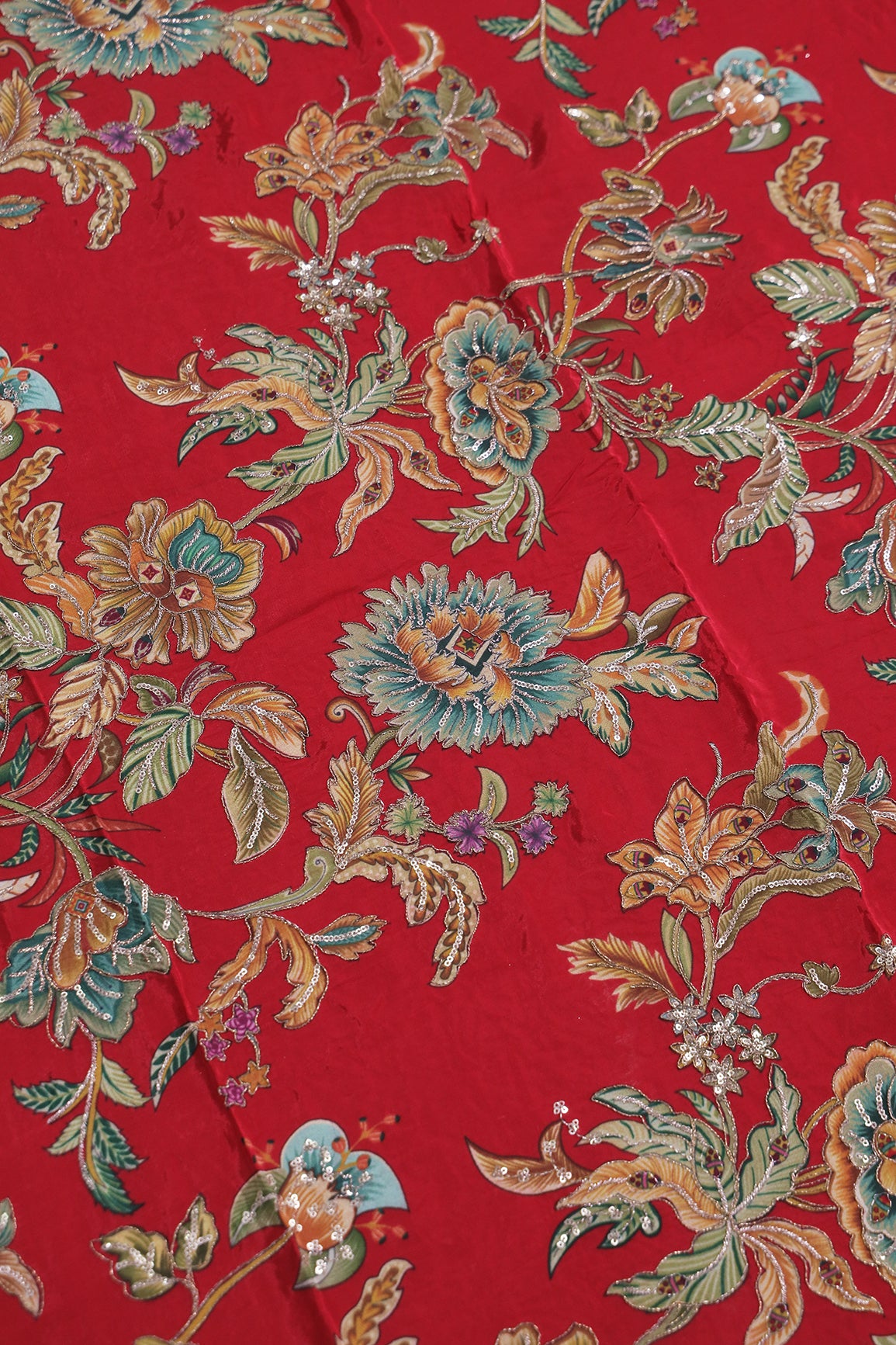 1 Meter Cut Piece Of Floral Position Print On Sequins With Zari Embroidery On Red Pure Crepe Fabric