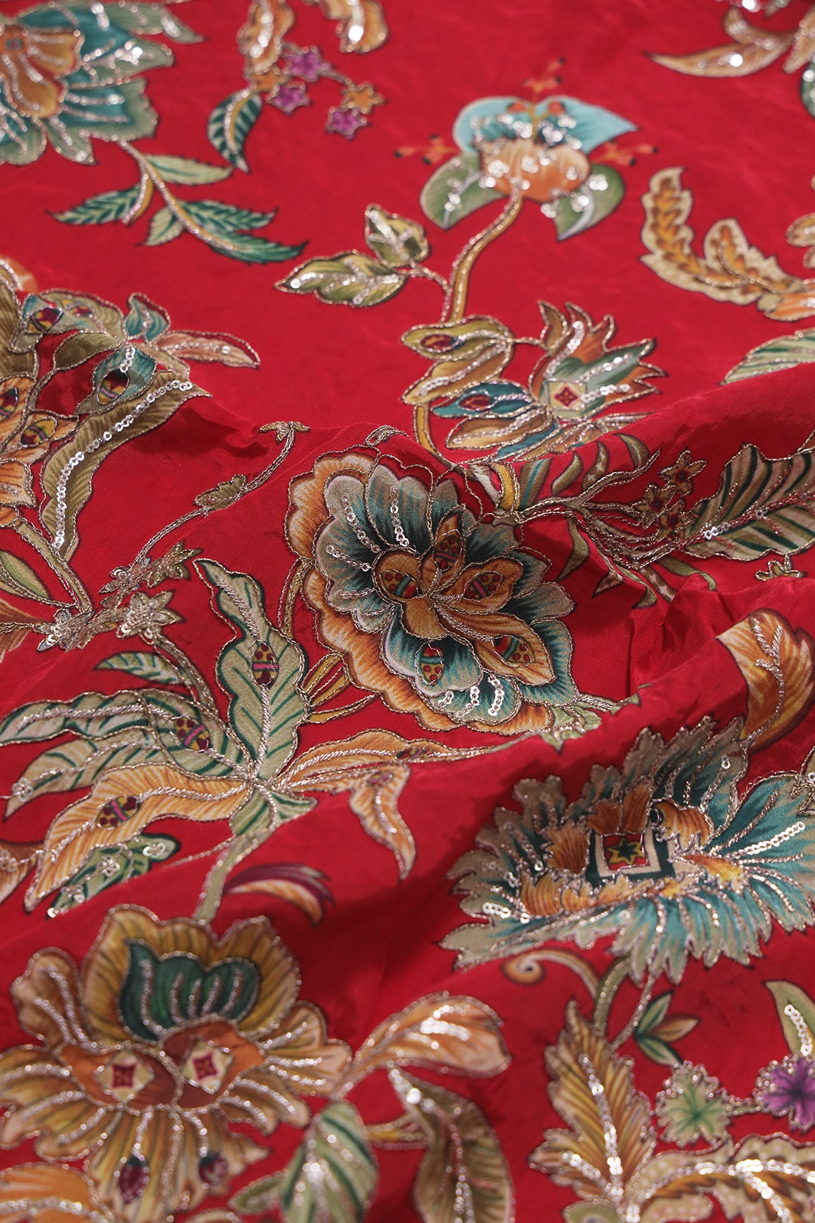 1 Meter Cut Piece Of Floral Position Print On Sequins With Zari Embroidery On Red Pure Crepe Fabric