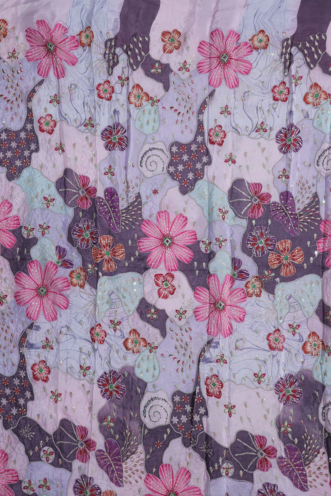 1.70 Meter Cut Piece Of Floral Position Print On Sequins With Zari Embroidery On Pale Purple Pure Crepe Fabric