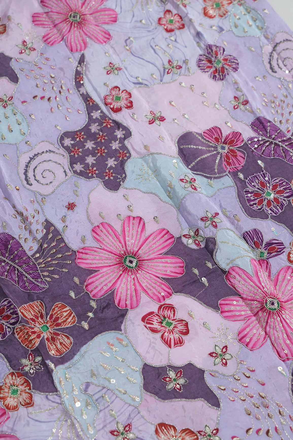 1.70 Meter Cut Piece Of Floral Position Print On Sequins With Zari Embroidery On Pale Purple Pure Crepe Fabric