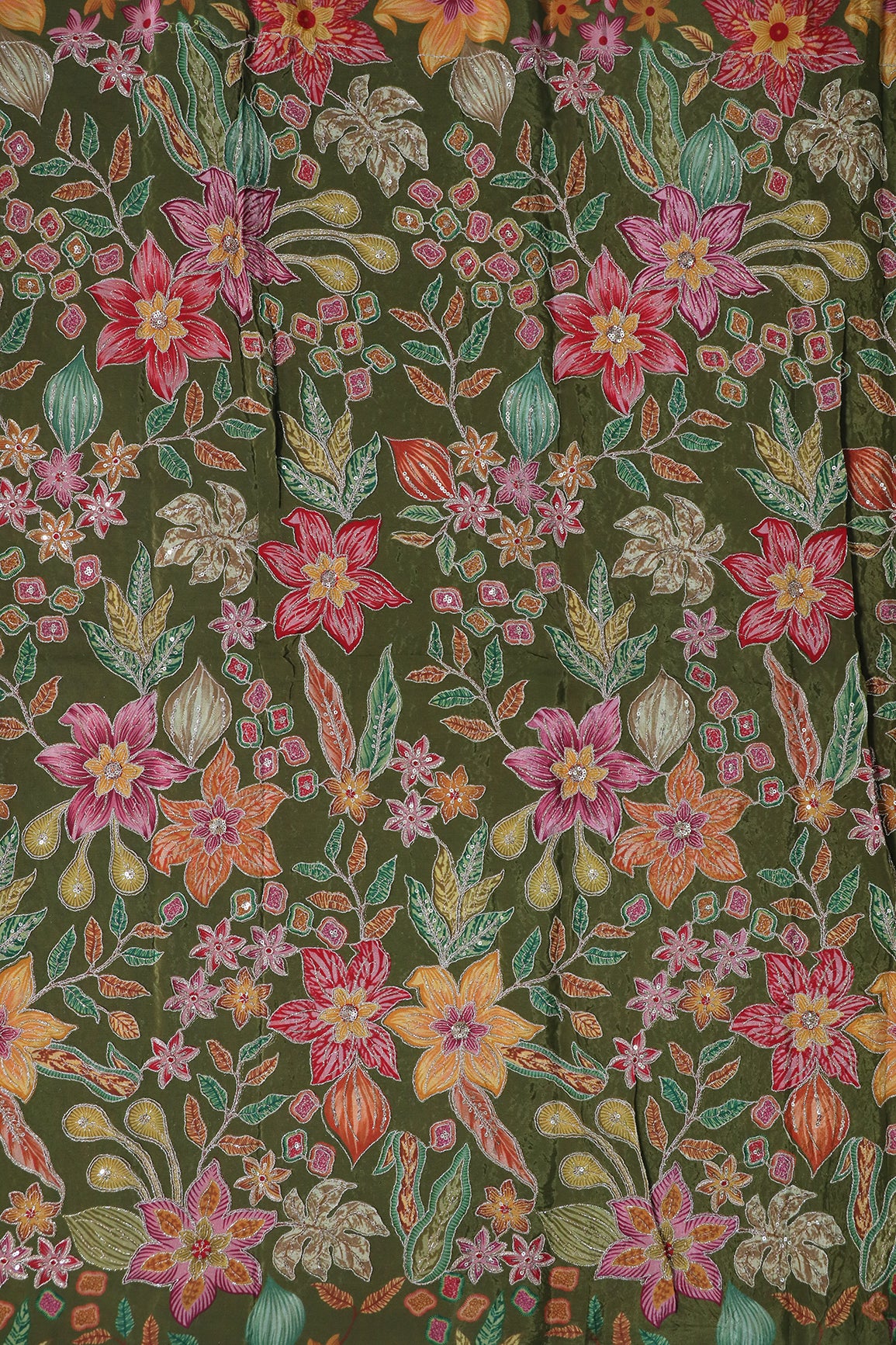 2.30 Meter Cut Piece Of Floral Position Print On Sequins With Zari Embroidery On Mehndi Green Pure Crepe Fabric