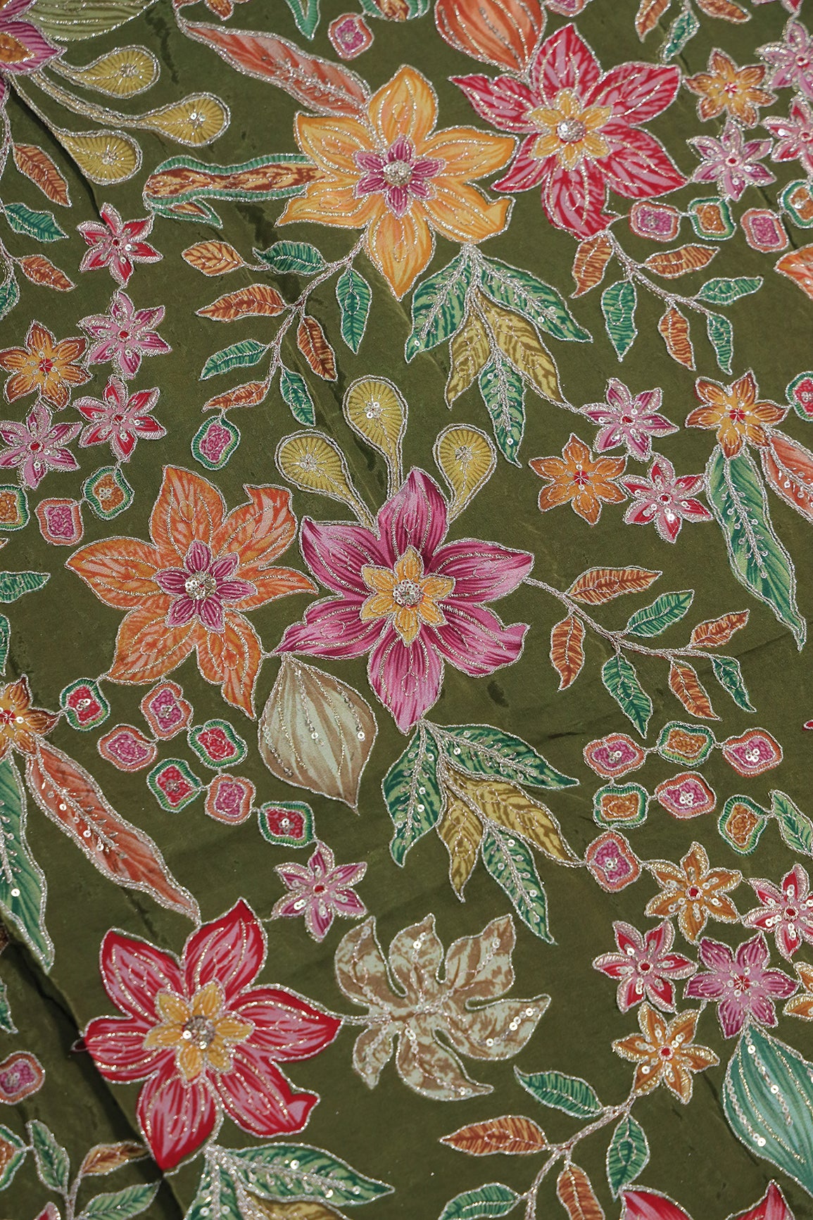 2.30 Meter Cut Piece Of Floral Position Print On Sequins With Zari Embroidery On Mehndi Green Pure Crepe Fabric