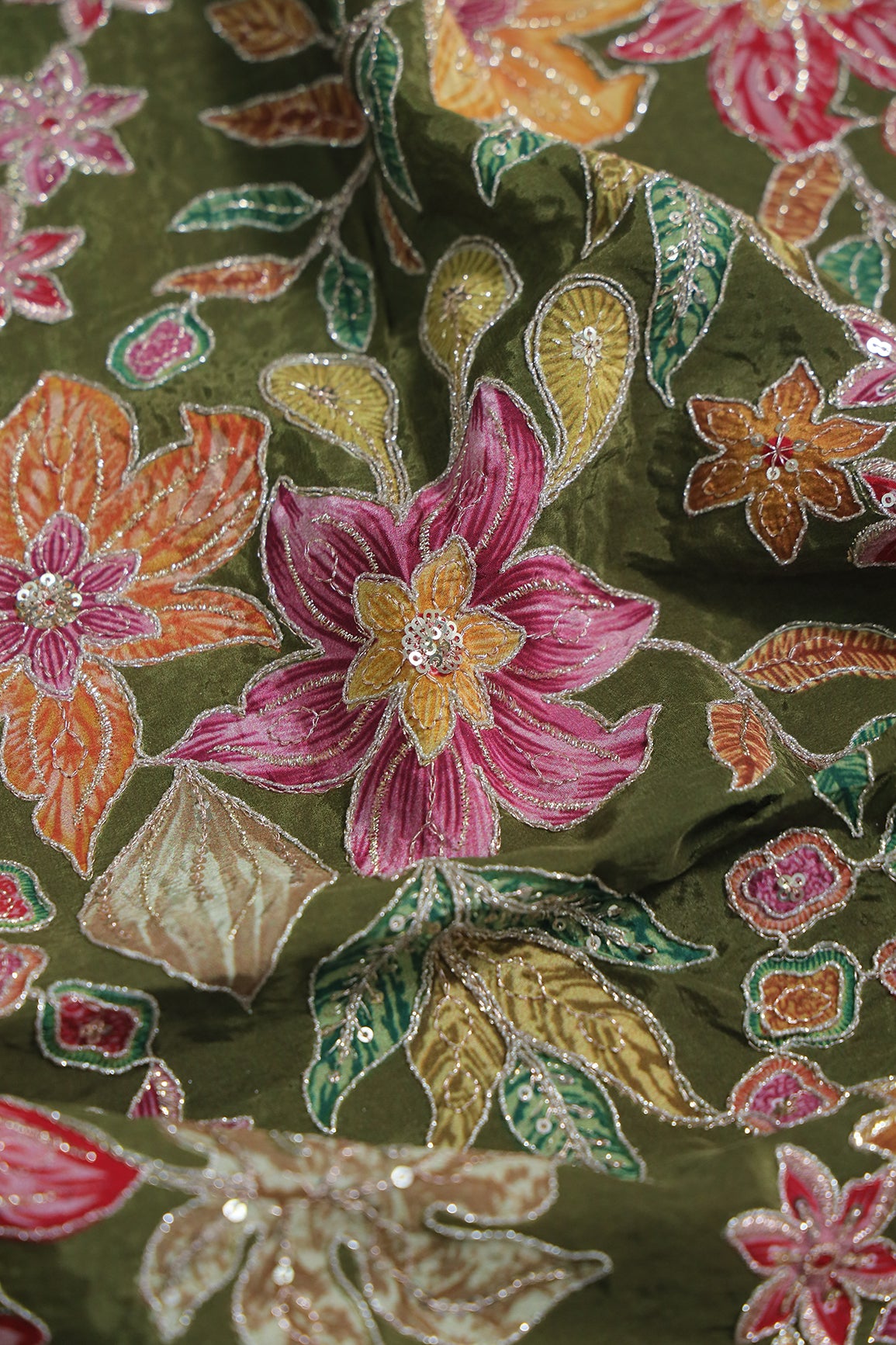 2.30 Meter Cut Piece Of Floral Position Print On Sequins With Zari Embroidery On Mehndi Green Pure Crepe Fabric