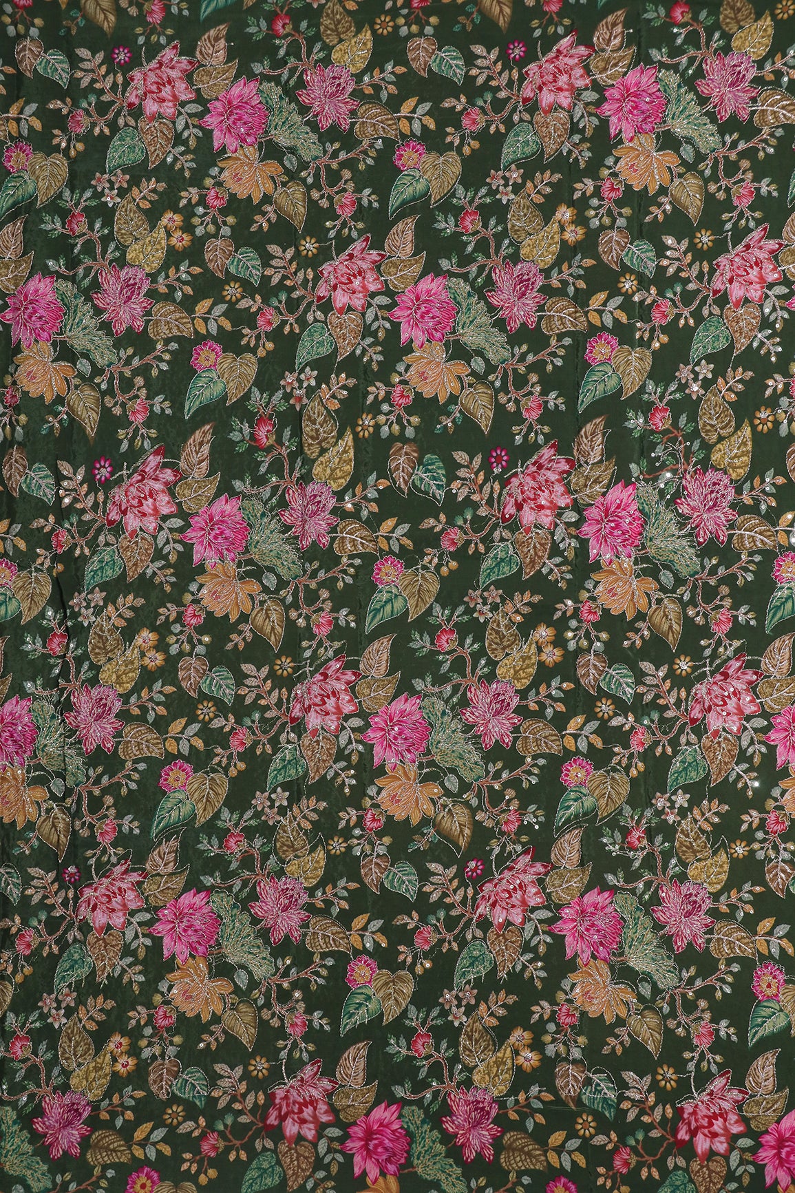 2.80 Meter Cut Piece Of Floral Position Print On Sequins With Zari Embroidery On Mehndi Green Pure Crepe Fabric