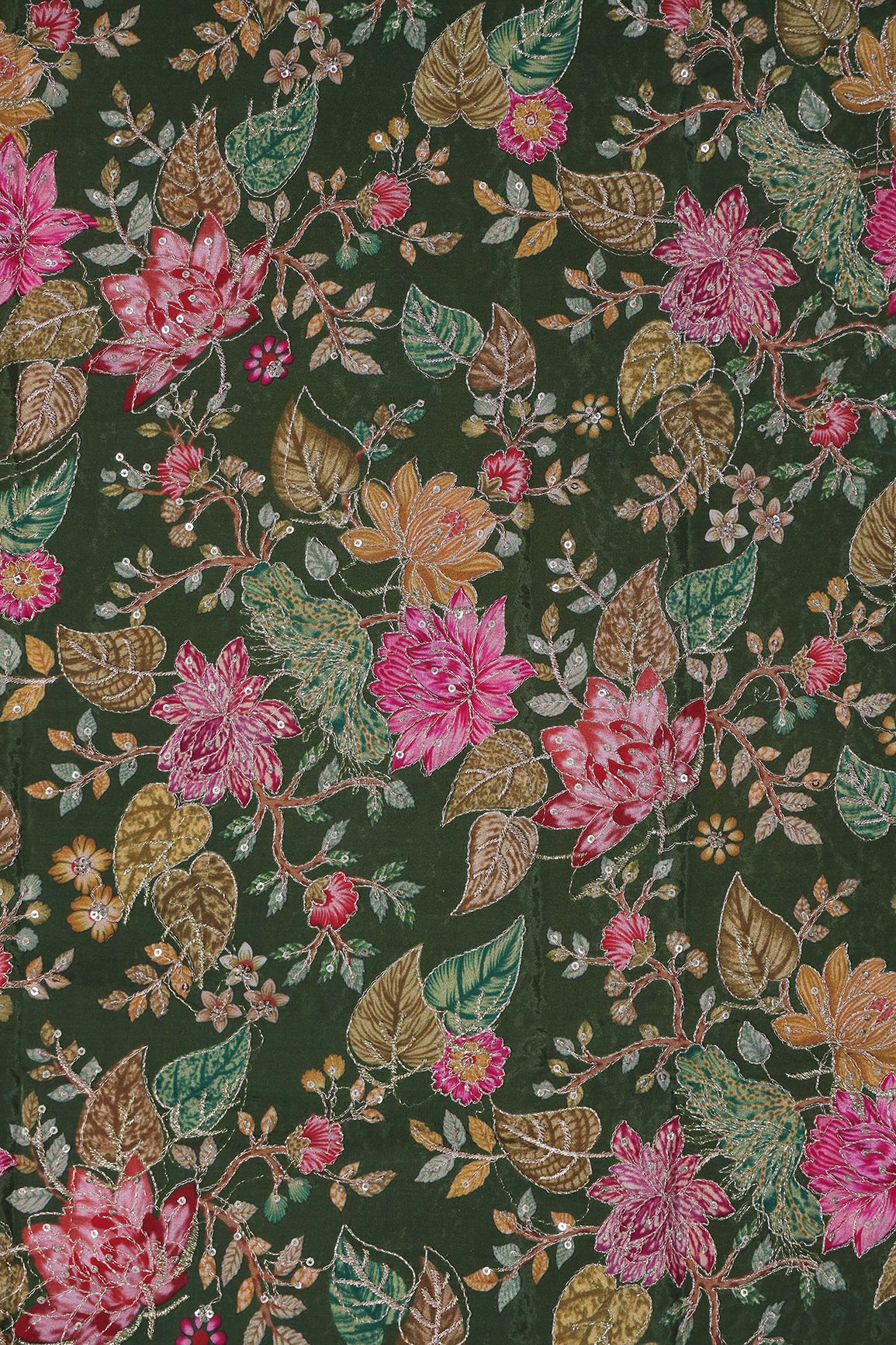 2.80 Meter Cut Piece Of Floral Position Print On Sequins With Zari Embroidery On Mehndi Green Pure Crepe Fabric