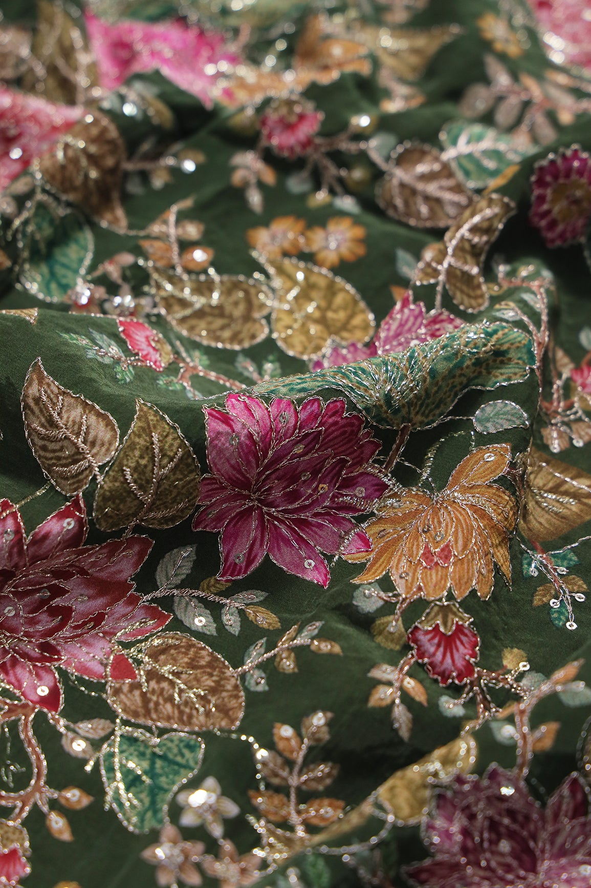 2.80 Meter Cut Piece Of Floral Position Print On Sequins With Zari Embroidery On Mehndi Green Pure Crepe Fabric