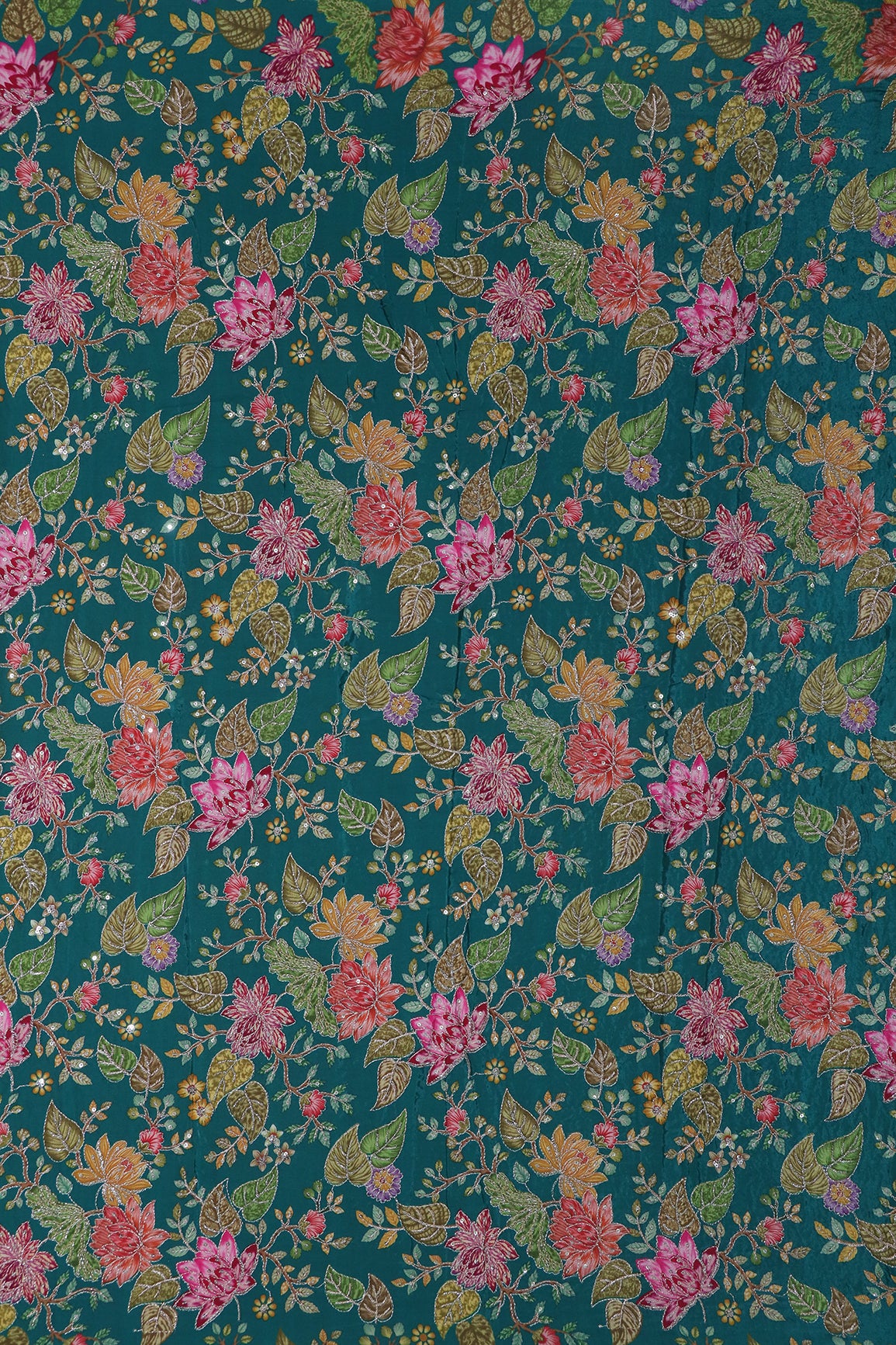 1.20 Meter Cut Piece Of Floral Position Print On Sequins With Zari Embroidery On Rama Pure Crepe Fabric