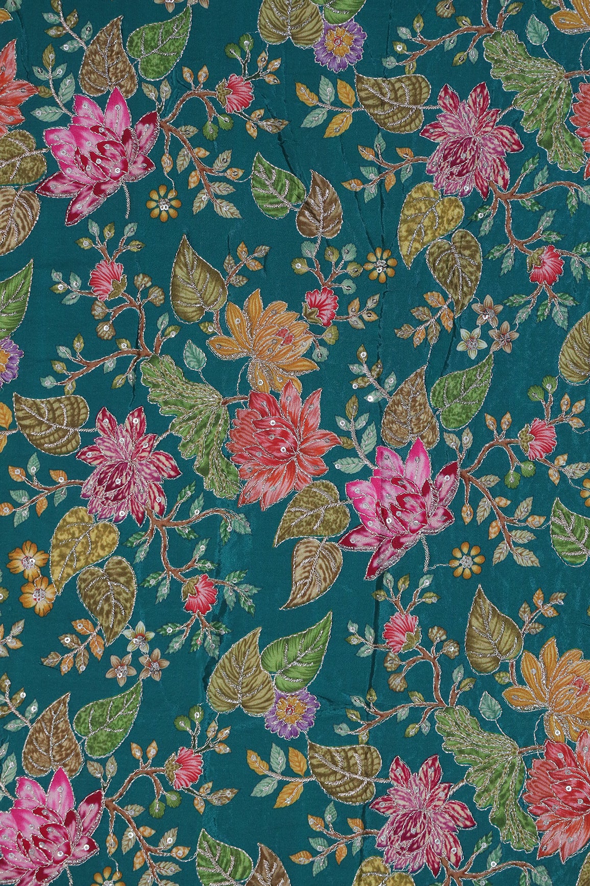1.20 Meter Cut Piece Of Floral Position Print On Sequins With Zari Embroidery On Rama Pure Crepe Fabric