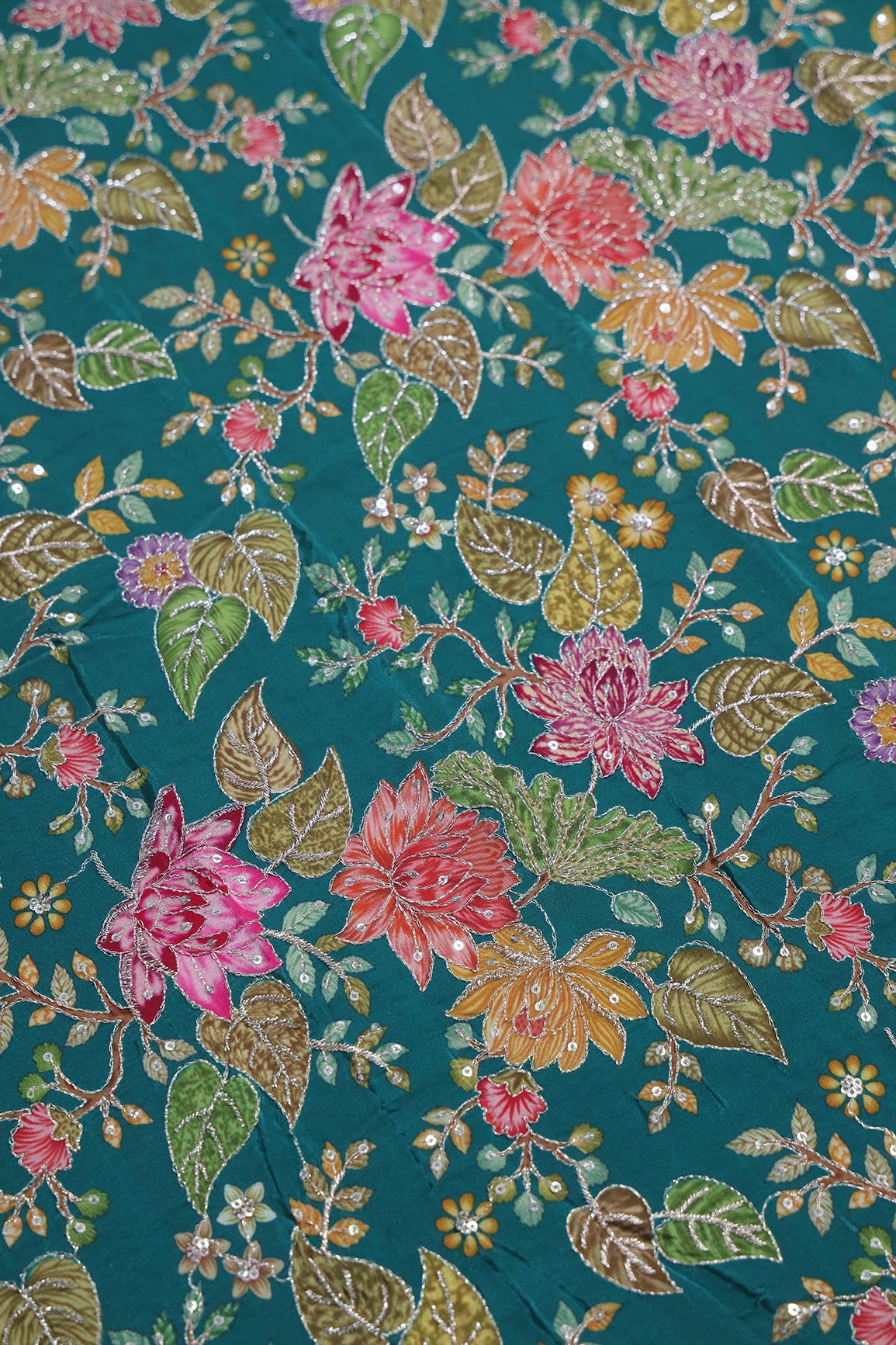 1.20 Meter Cut Piece Of Floral Position Print On Sequins With Zari Embroidery On Rama Pure Crepe Fabric