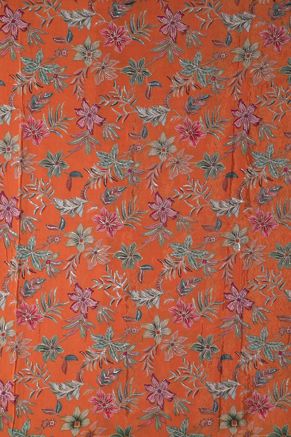 1.5 Meter Cut Piece Of Floral Position Print On Sequins With Zari Embroidery On Orange Crepe Fabric