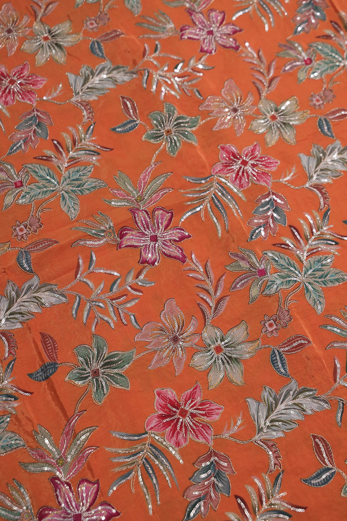 1.5 Meter Cut Piece Of Floral Position Print On Sequins With Zari Embroidery On Orange Crepe Fabric