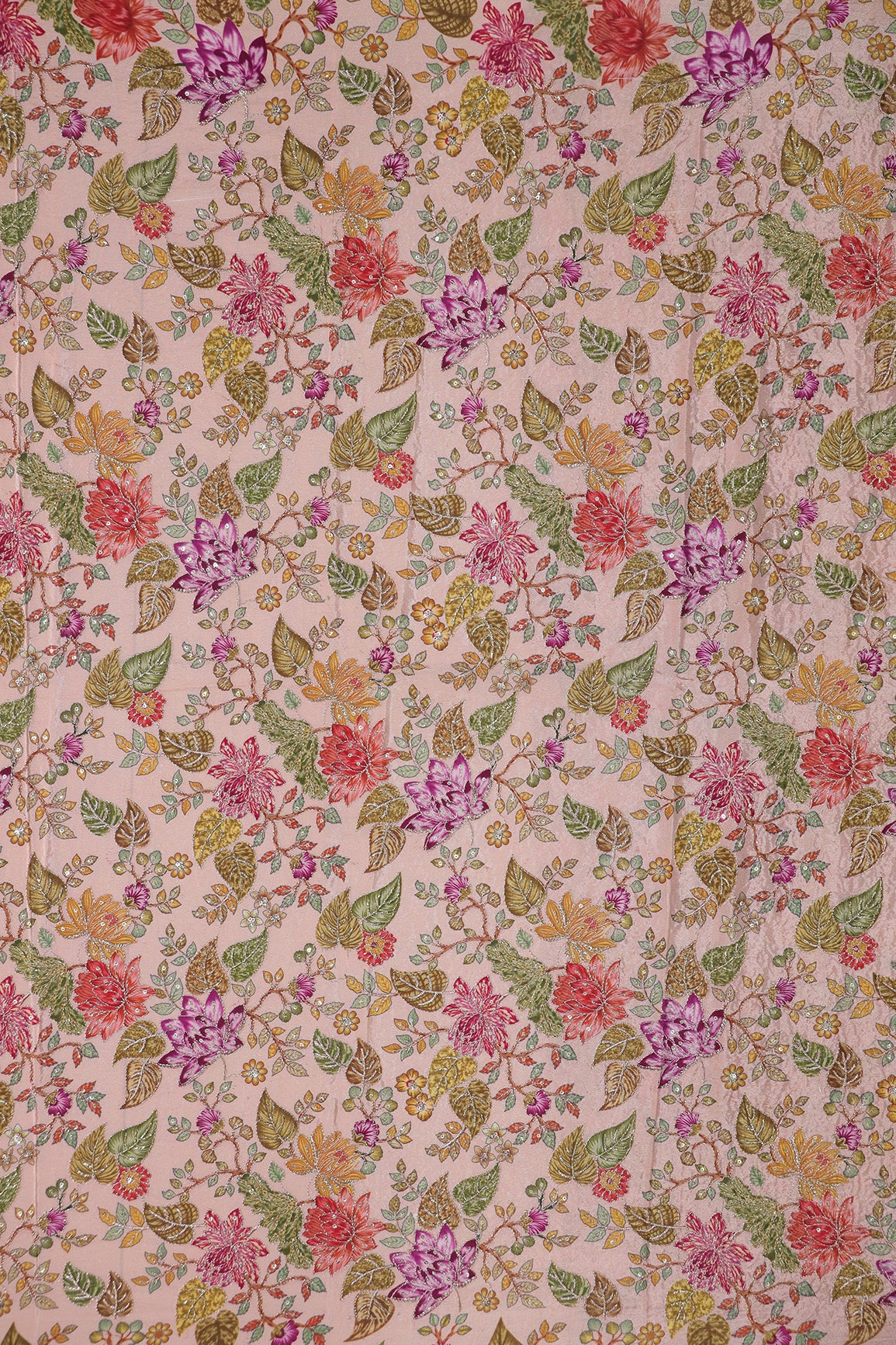 1.40 Meter Cut Piece Of Floral Position Print On Sequins With Zari Embroidery On Onion Pink Pure Crepe Fabric
