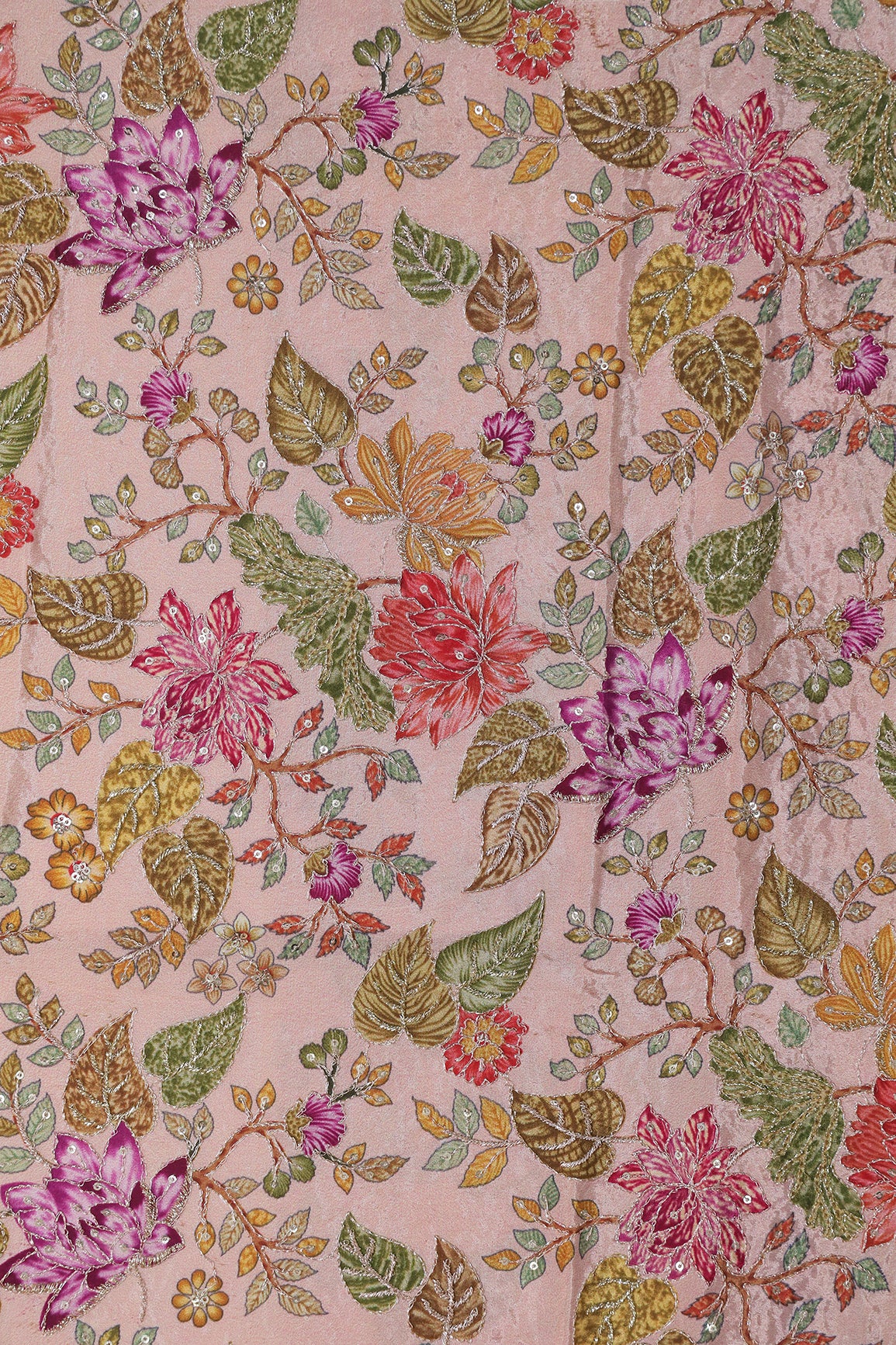 1.40 Meter Cut Piece Of Floral Position Print On Sequins With Zari Embroidery On Onion Pink Pure Crepe Fabric