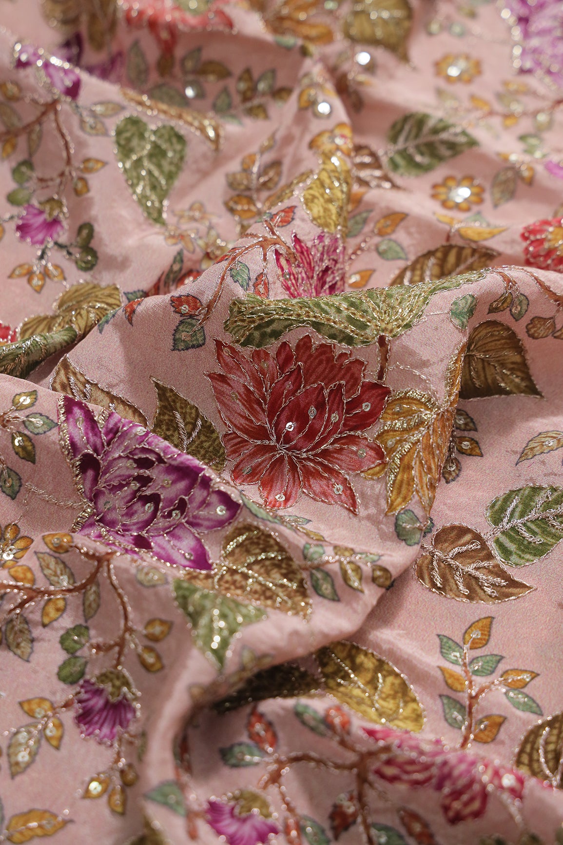 1.40 Meter Cut Piece Of Floral Position Print On Sequins With Zari Embroidery On Onion Pink Pure Crepe Fabric