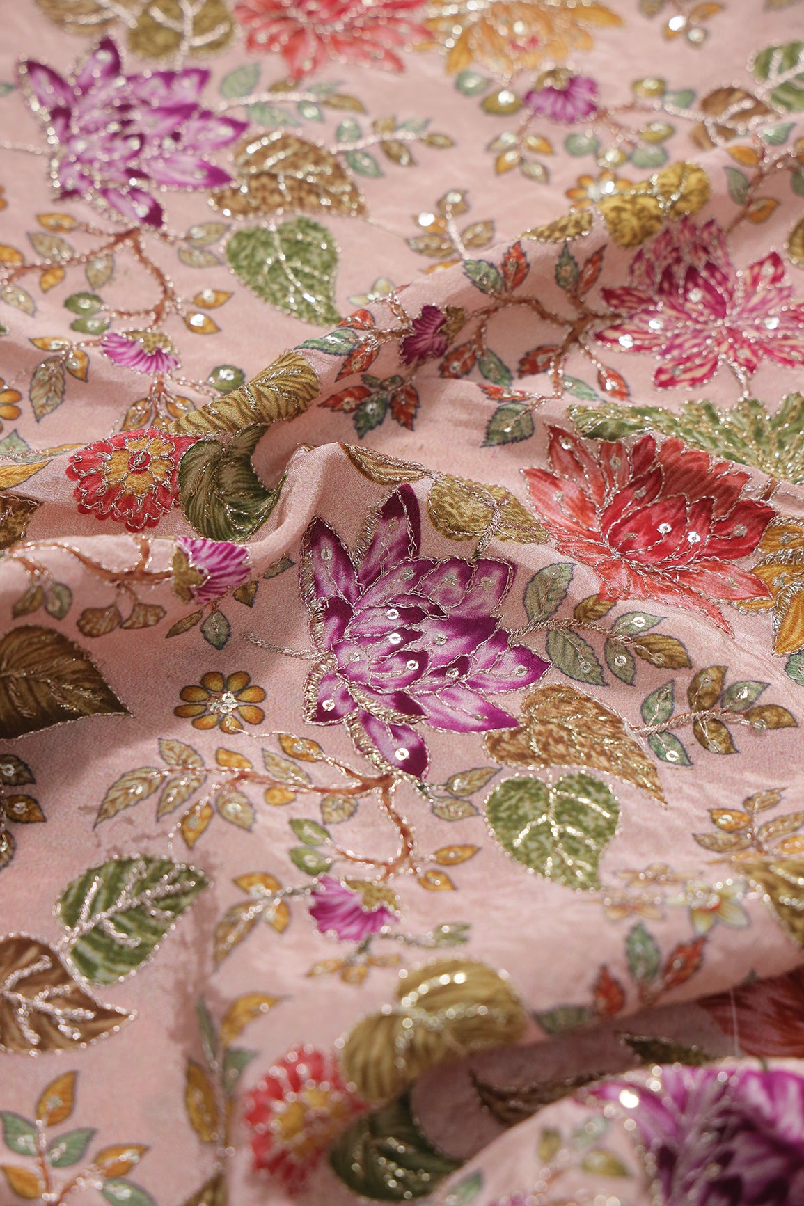 1.40 Meter Cut Piece Of Floral Position Print On Sequins With Zari Embroidery On Onion Pink Pure Crepe Fabric