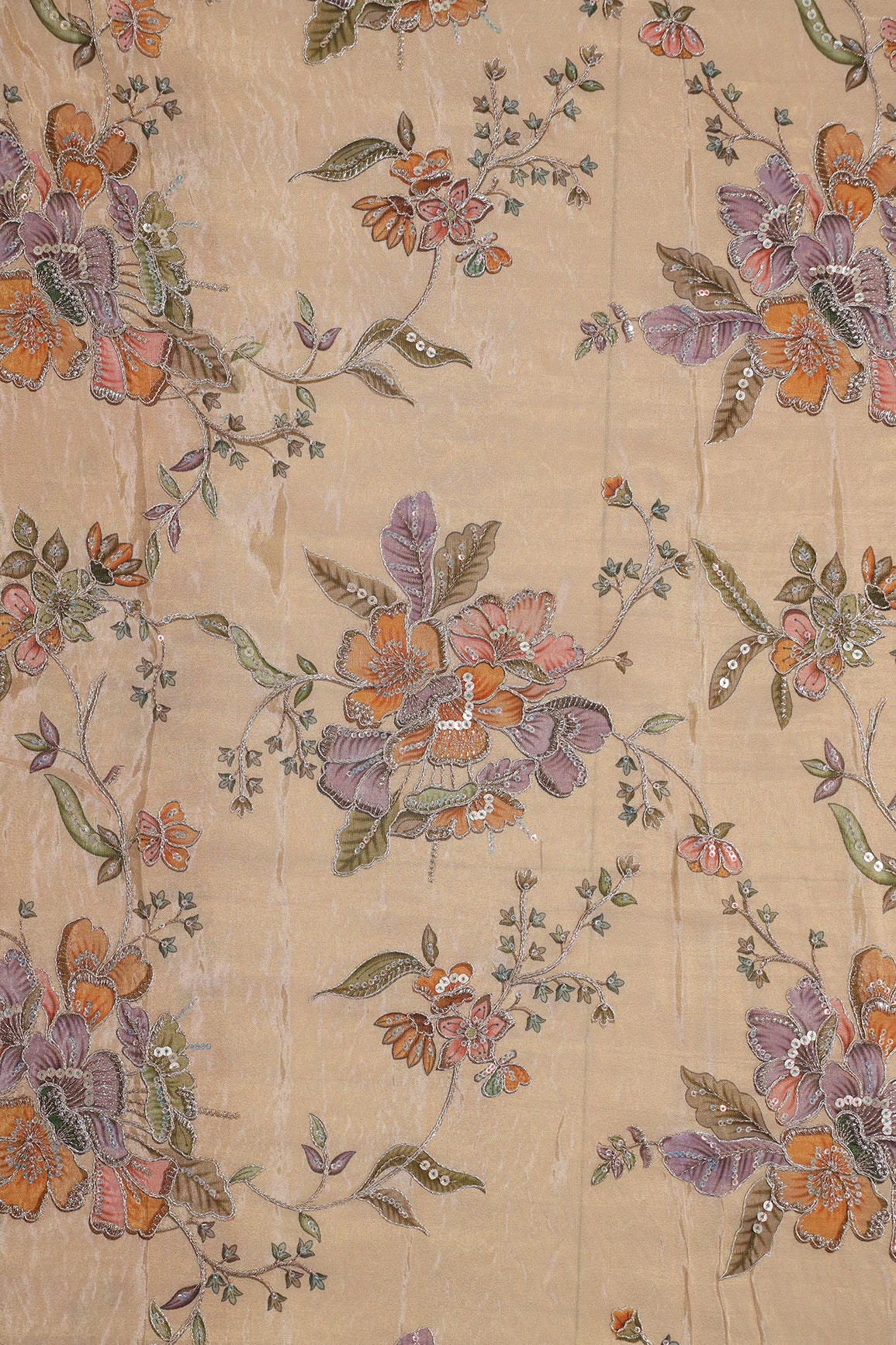 1.50 Meter Cut Piece Of Floral Position Print On Sequins With Zari Embroidery On Peach Viscose Zari Tissue Fabric