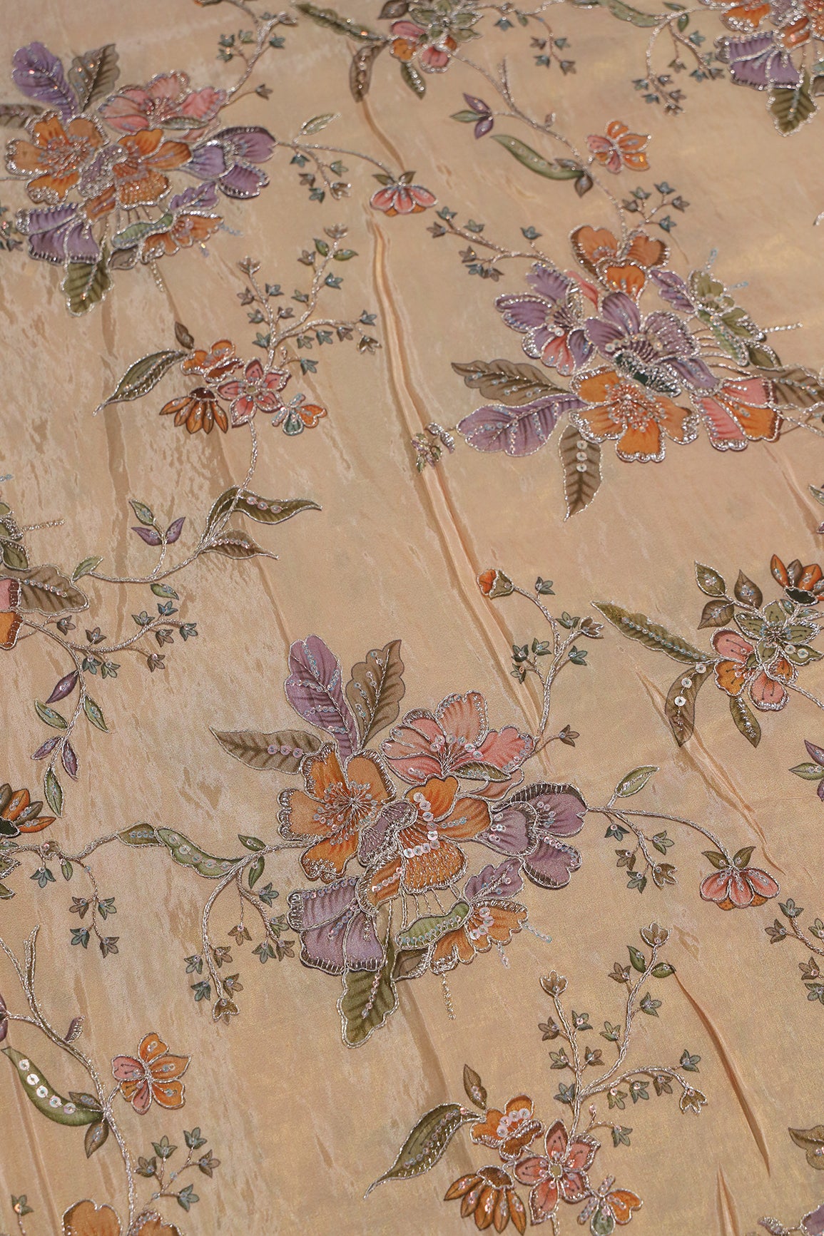 1.50 Meter Cut Piece Of Floral Position Print On Sequins With Zari Embroidery On Peach Viscose Zari Tissue Fabric