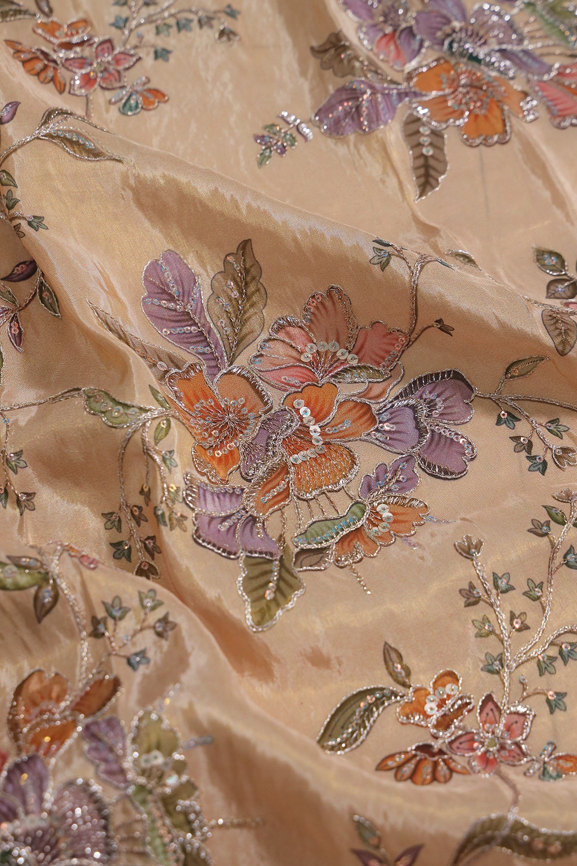 1.50 Meter Cut Piece Of Floral Position Print On Sequins With Zari Embroidery On Peach Viscose Zari Tissue Fabric