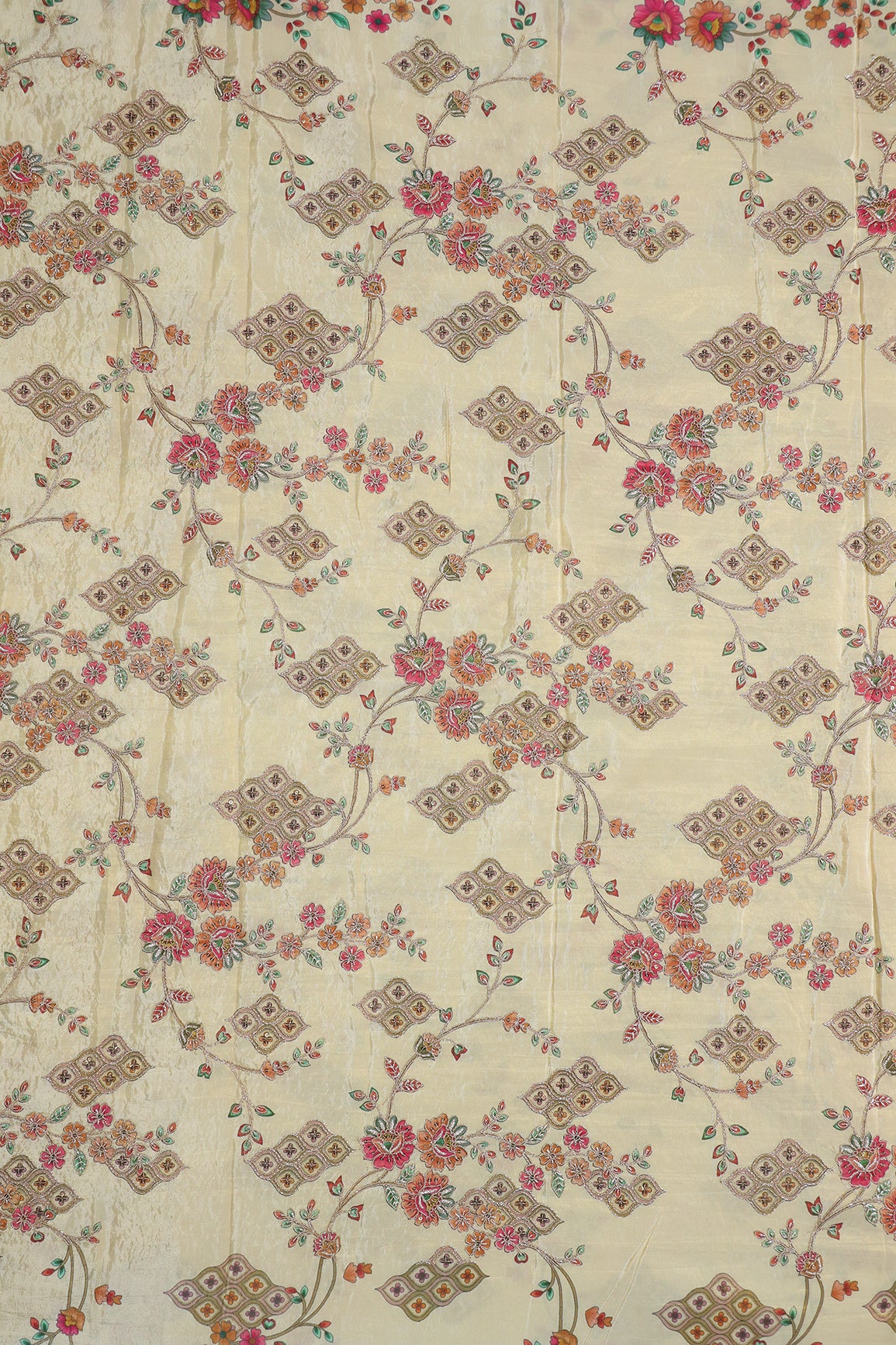 2.25 Meter Cut Piece Of Floral Position Print On Sequins With Zari Embroidery On Beige Viscose Zari Tissue Fabric