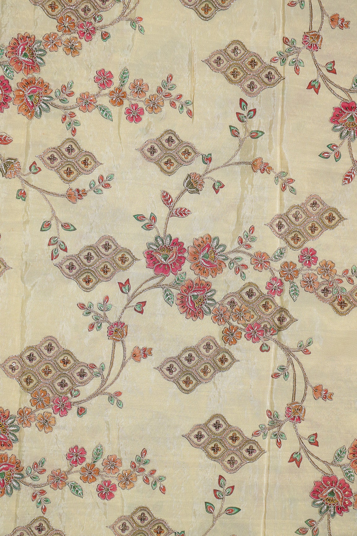 2.25 Meter Cut Piece Of Floral Position Print On Sequins With Zari Embroidery On Beige Viscose Zari Tissue Fabric