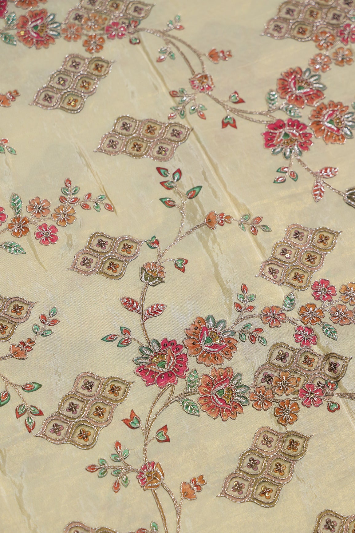 2.25 Meter Cut Piece Of Floral Position Print On Sequins With Zari Embroidery On Beige Viscose Zari Tissue Fabric