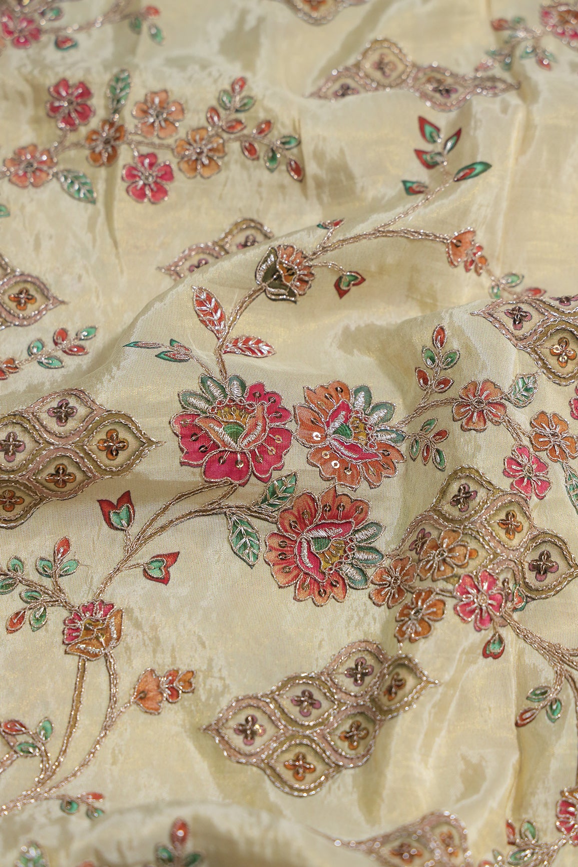 2.25 Meter Cut Piece Of Floral Position Print On Sequins With Zari Embroidery On Beige Viscose Zari Tissue Fabric