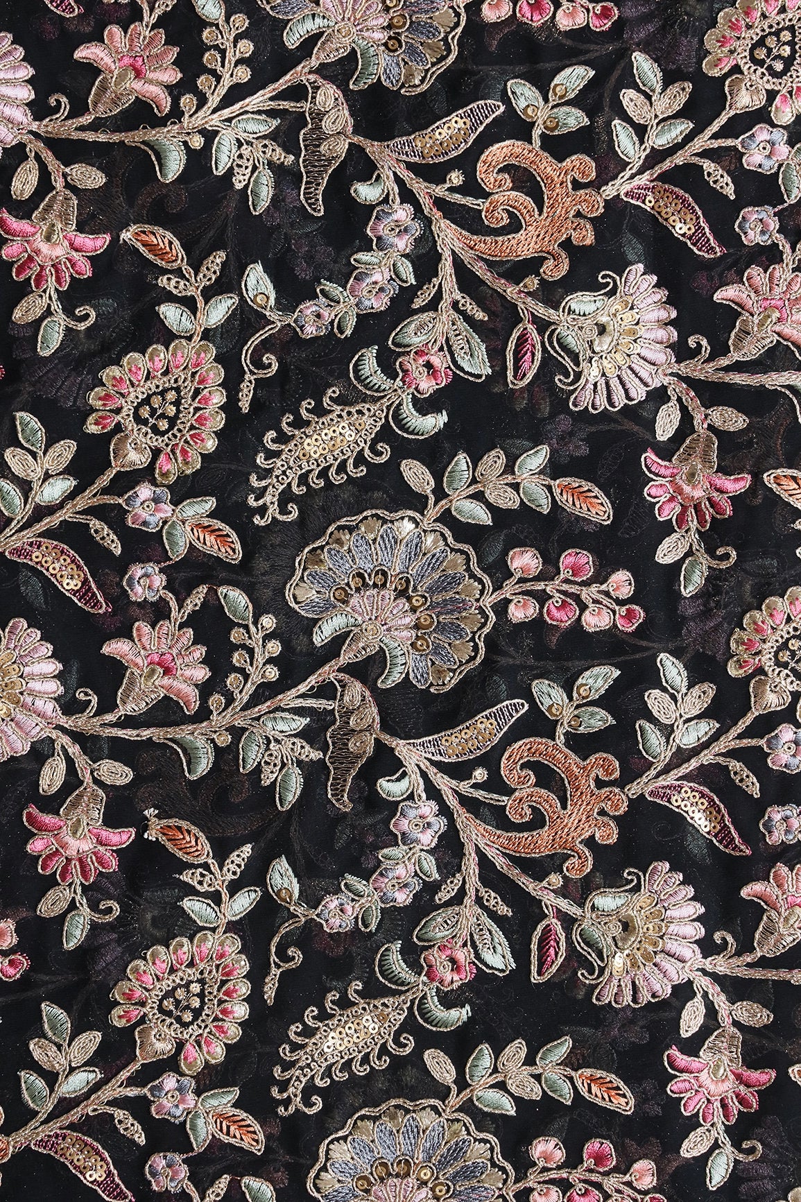 Gorgeous Pastel Threads With Gold Zari Floral Heavy Embroidery On Black Georgette Fabric