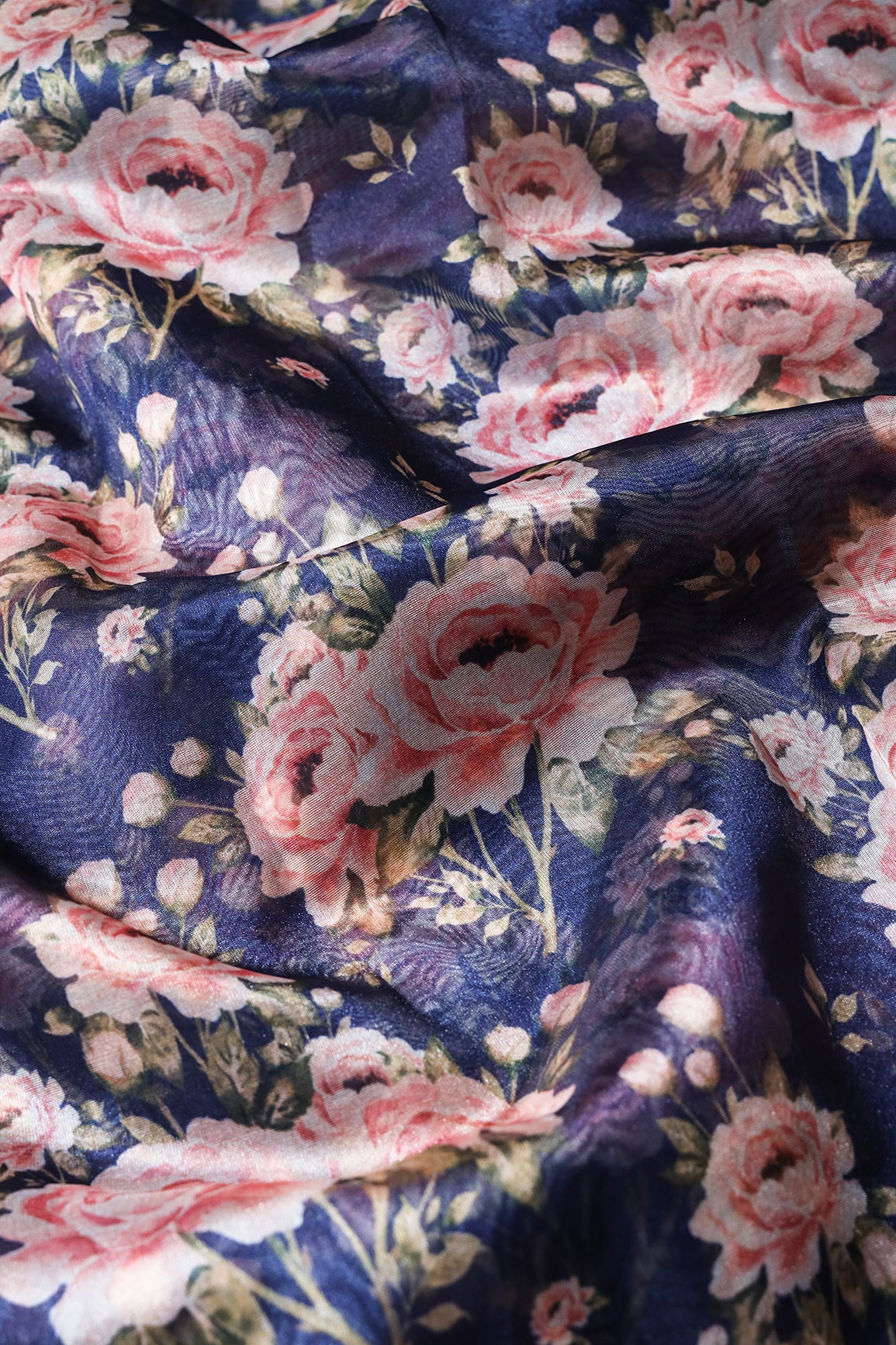 Pink Floral Digital Print On Navy Blue Organza Fabric
