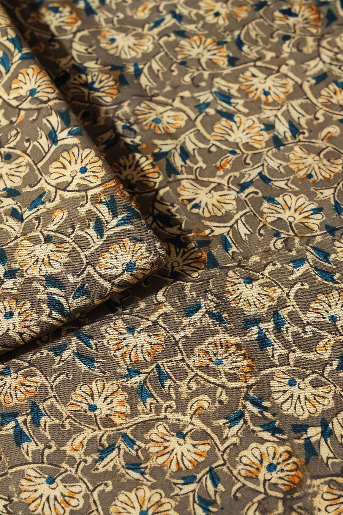 Olive And Light Beige Floral Pattern Handblock Kalamkari Organic Cotton Fabric