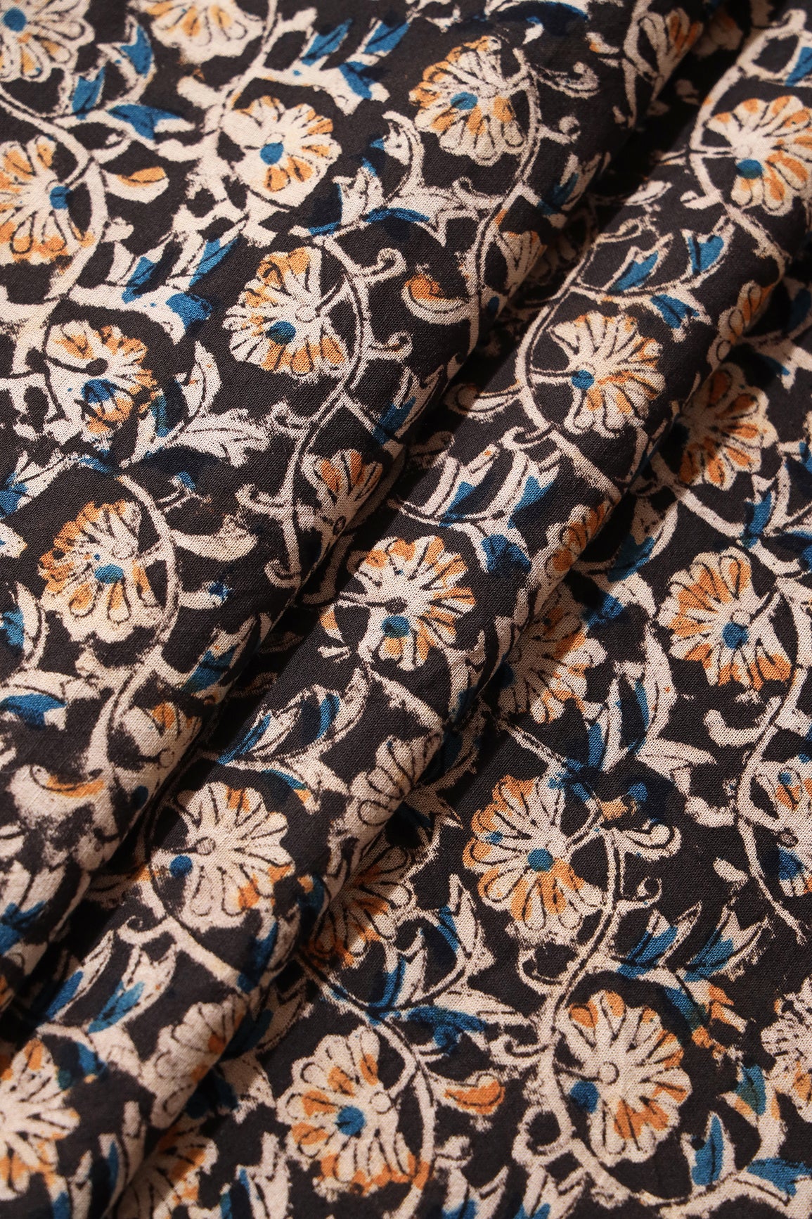 Black And Light Beige Floral Pattern Handblock Kalamkari Organic Cotton Fabric