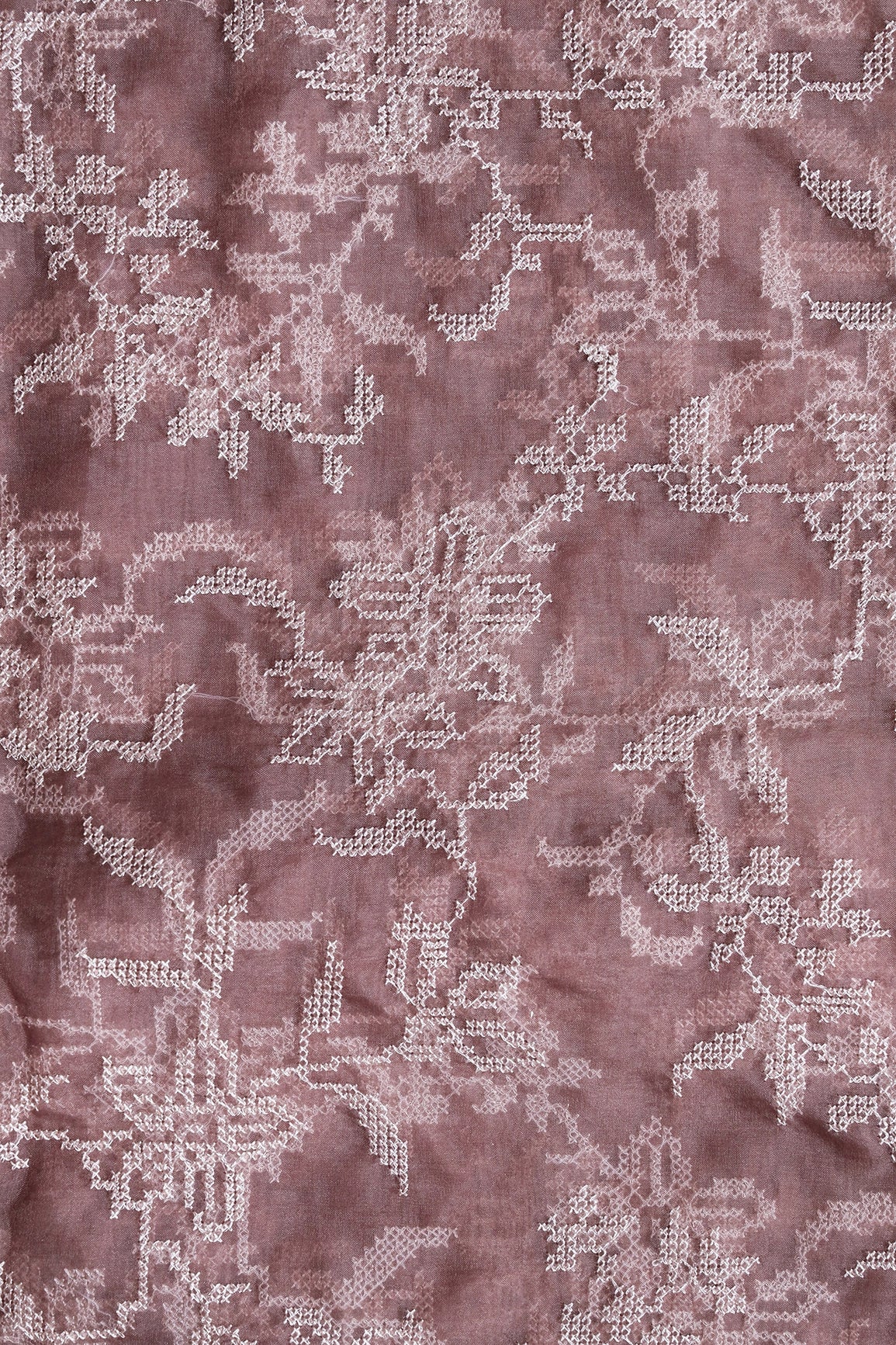 White Thread Magnificent Floral Embroidery Work On Mauve Organza Fabric
