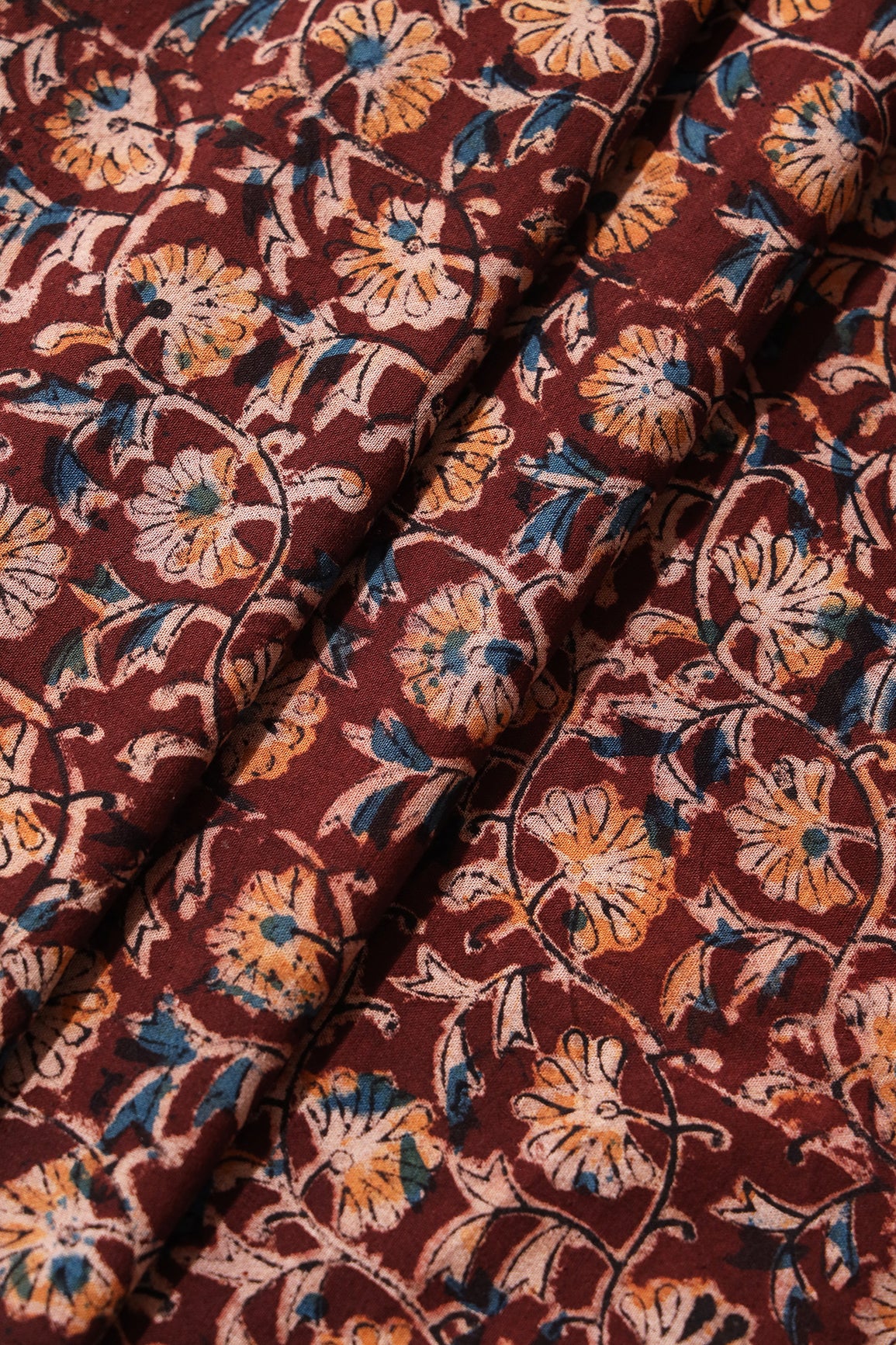 Maroon And Light Beige Floral Pattern Handblock Kalamkari Organic Cotton Fabric