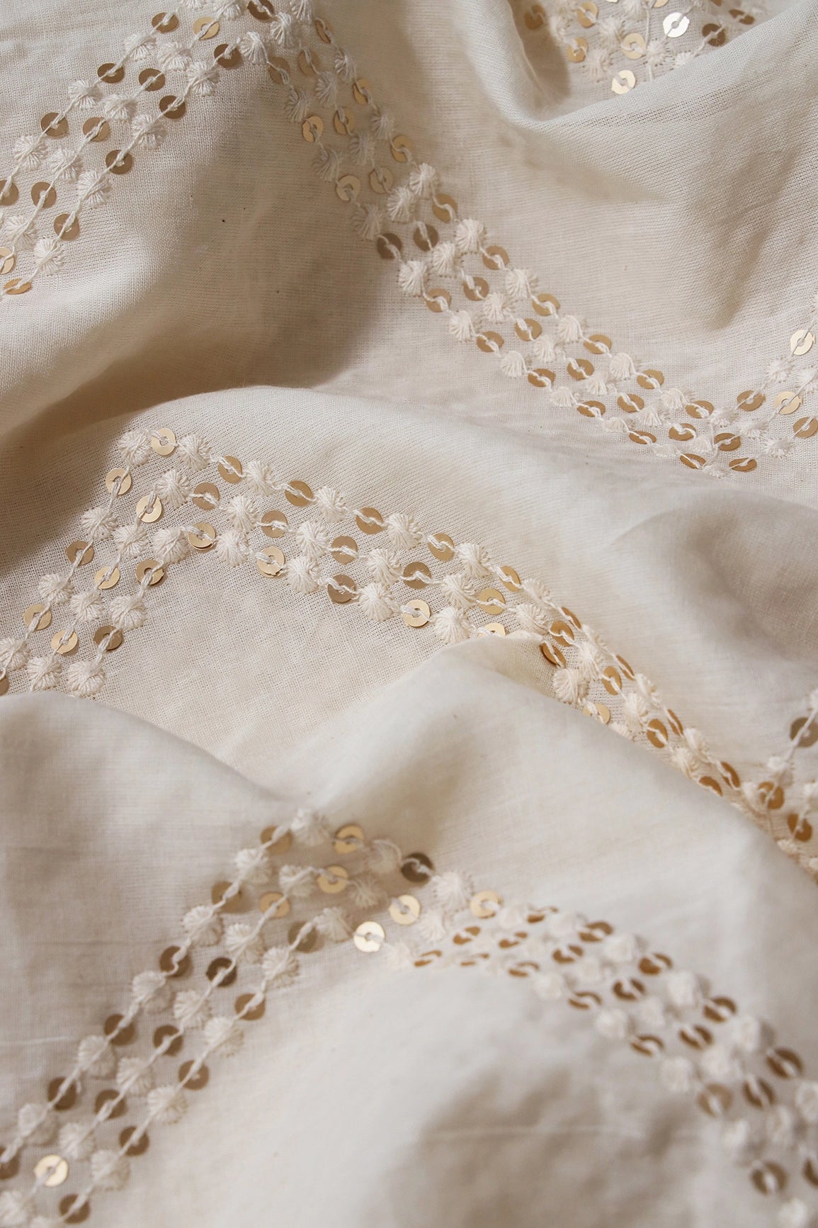 White Thread With Gold Sequins Beautiful Chevron Embroidery Work On Off White Organic Cotton Fabric